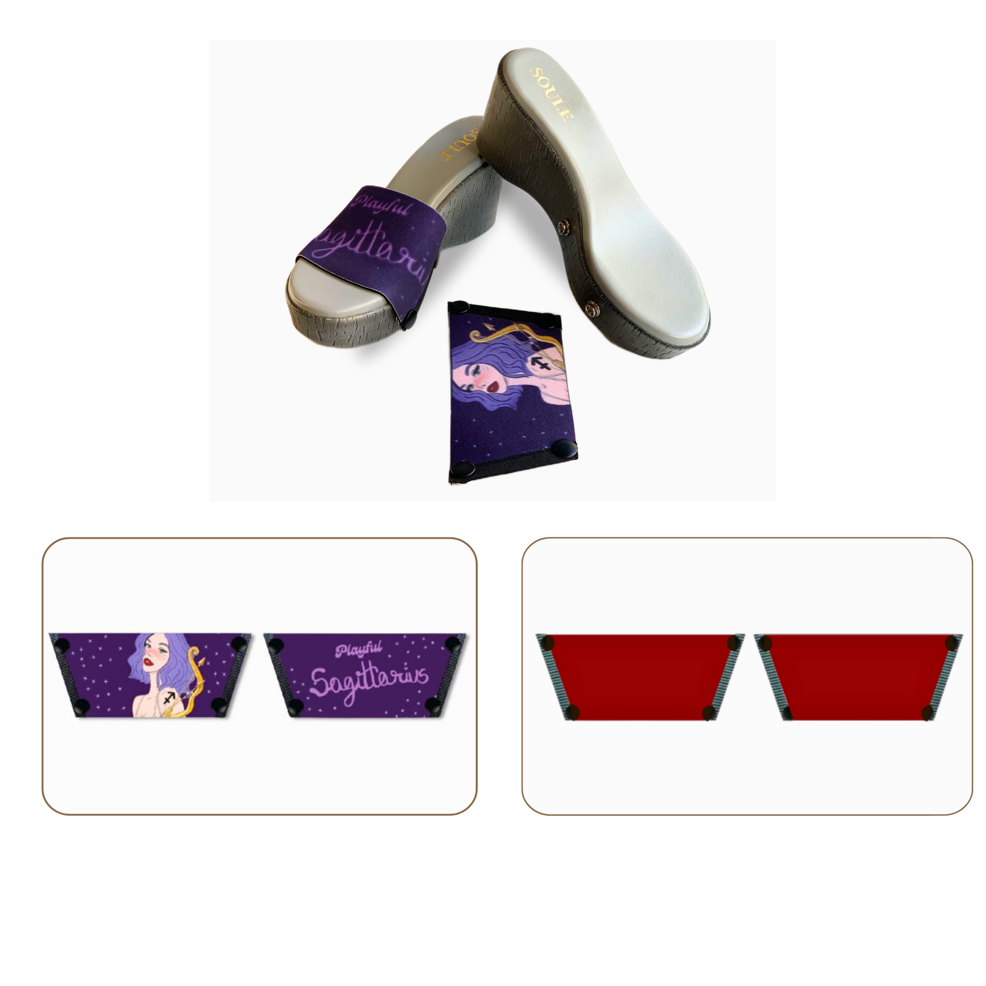 Soule wedge sandal combo — Playful Sagittarius and Maroon straps with Grey Brush sole