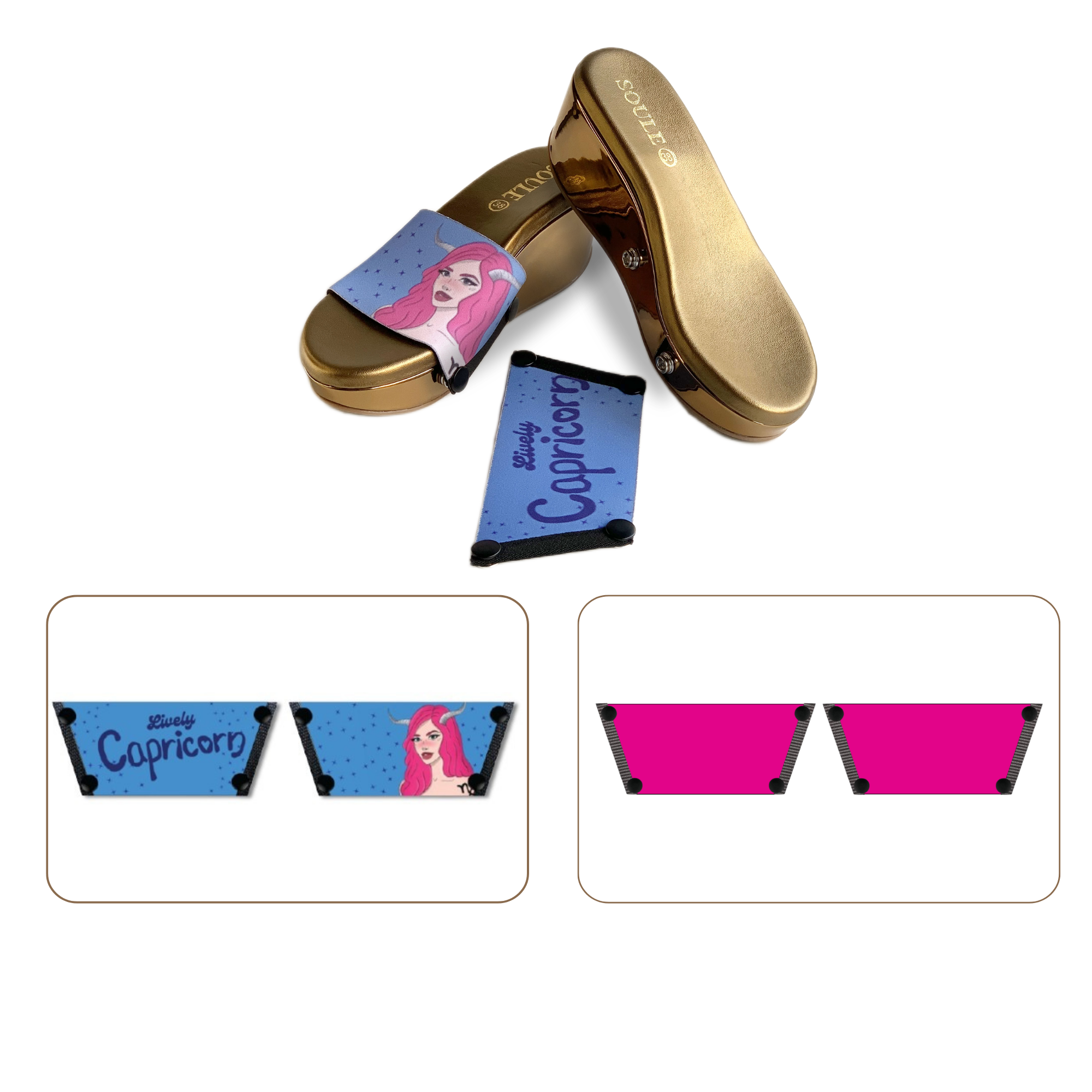 Soule wedge sandal combo — Lively Capricorn and Shocking Pink straps with Metallic Muse sole