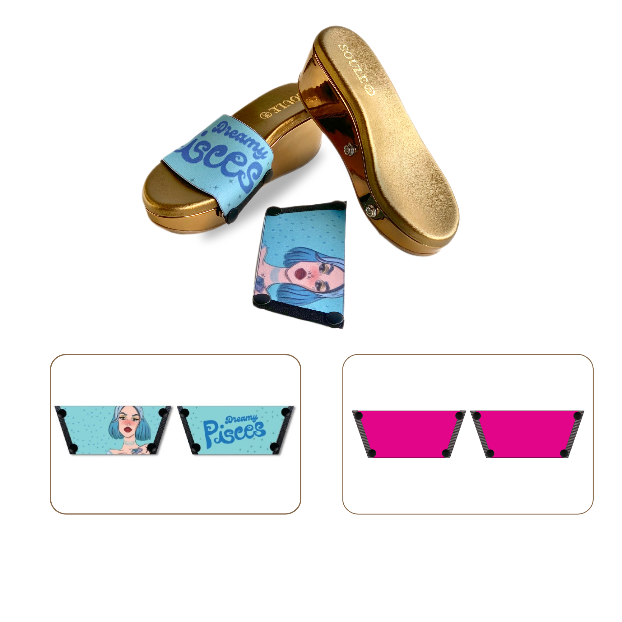 Soule wedge sandal combo — Dreamy Pisces and Shocking Pink straps with Metallic Muse sole