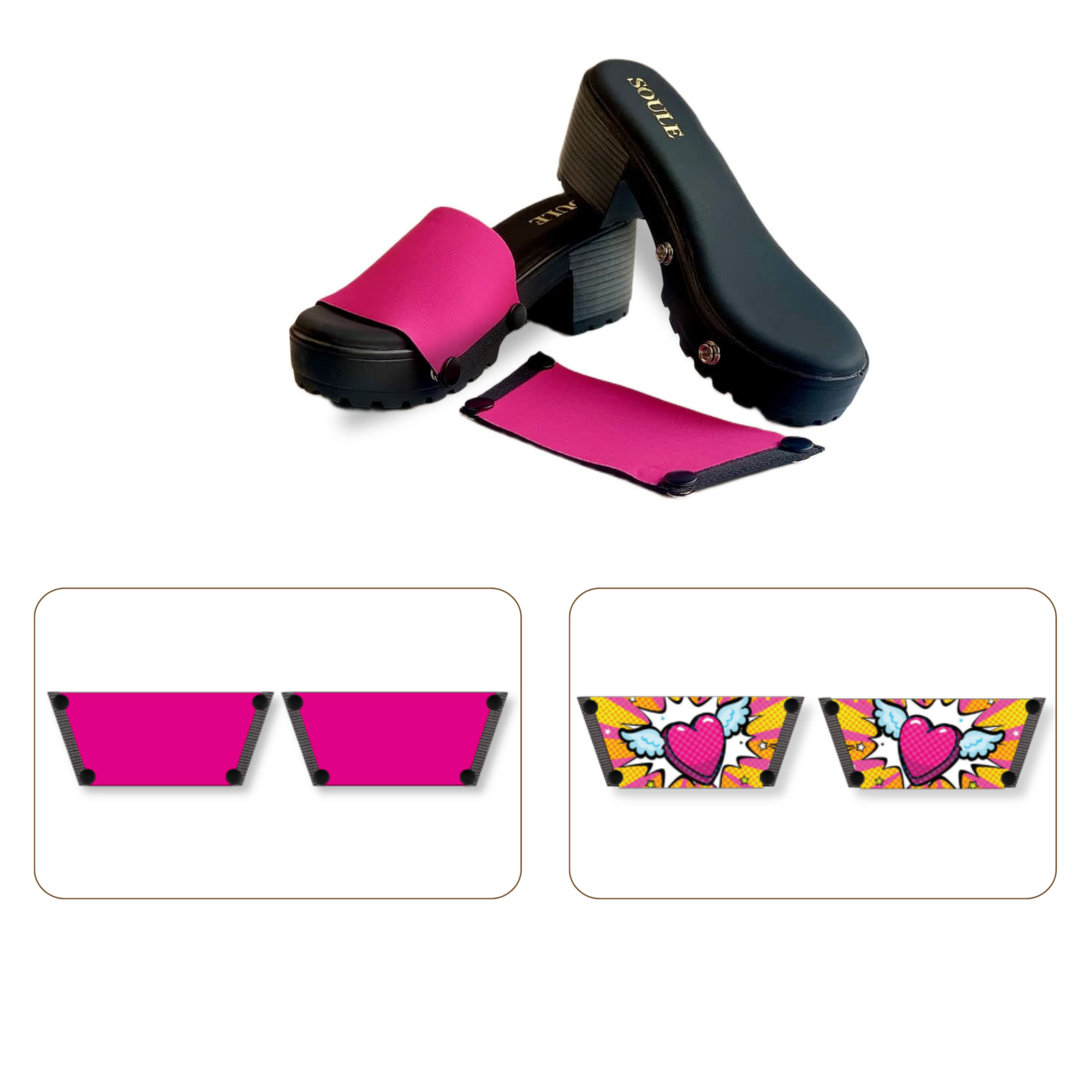 Soule wedge sandal combo — Heart Wings and Shocking Pink straps with Black Bliss sole