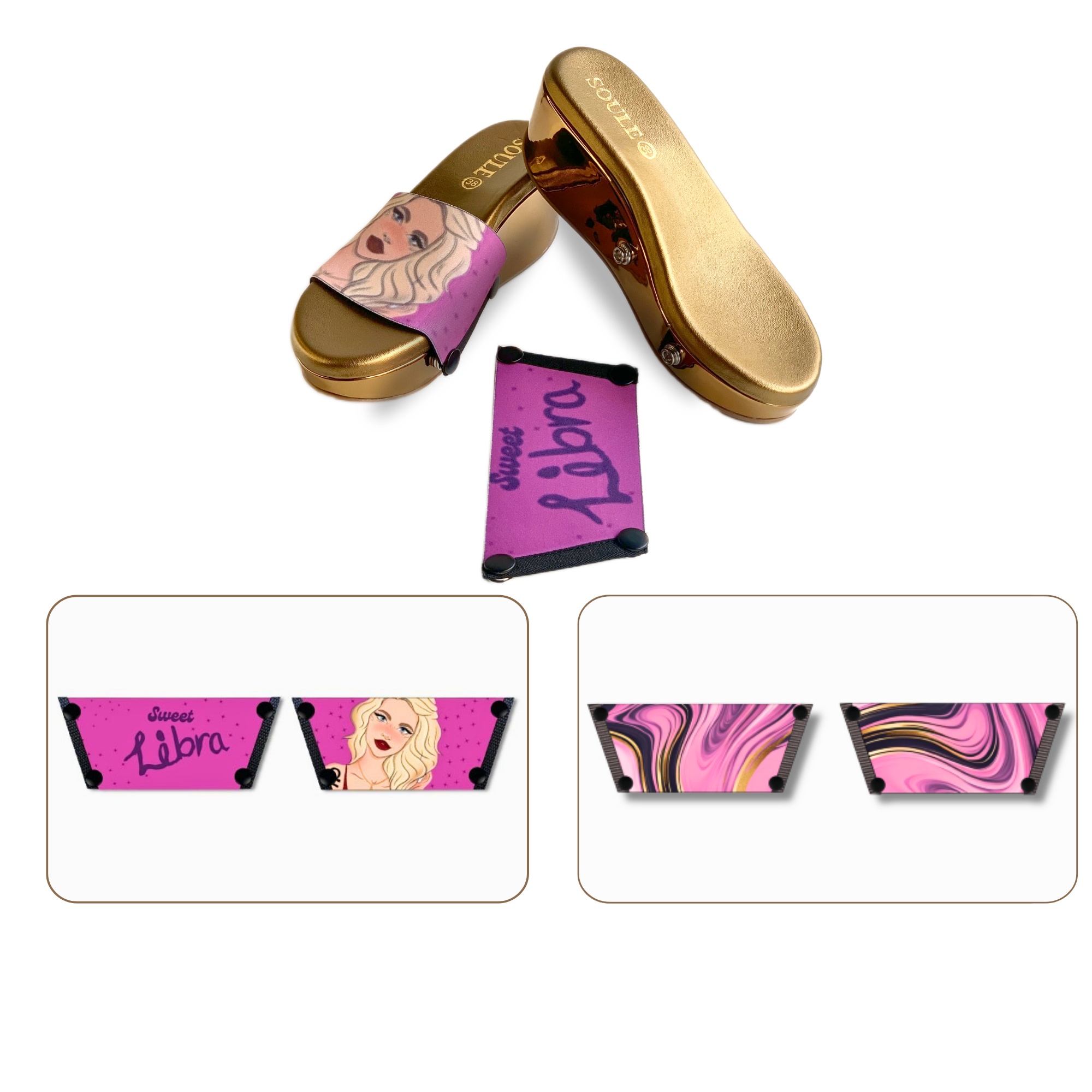 Soule wedge sandal combo — Sweet Libra and Pink Swirl Symphony straps with Metallic Muse sole