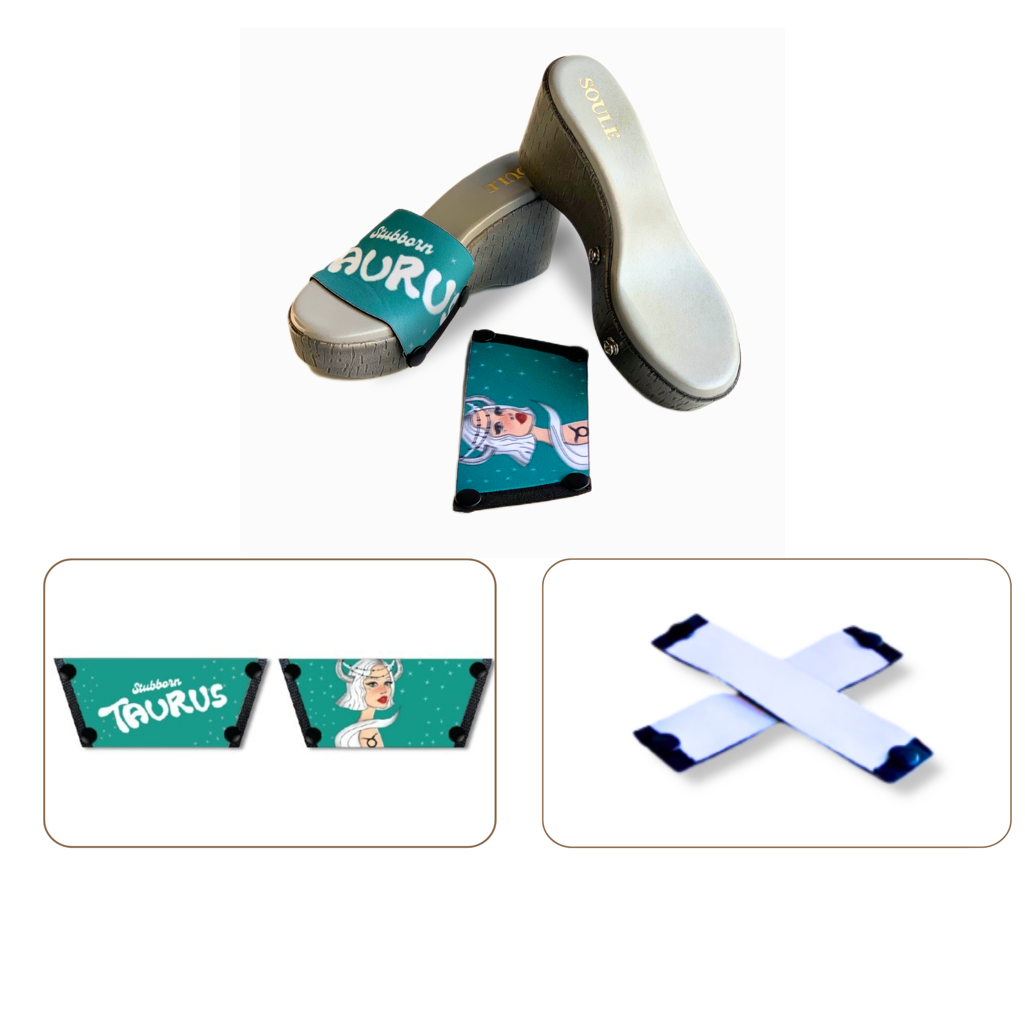 Soule  wedge sandal combo — Stubborn Taurus and White Criss Cross straps with Grey Brush sole