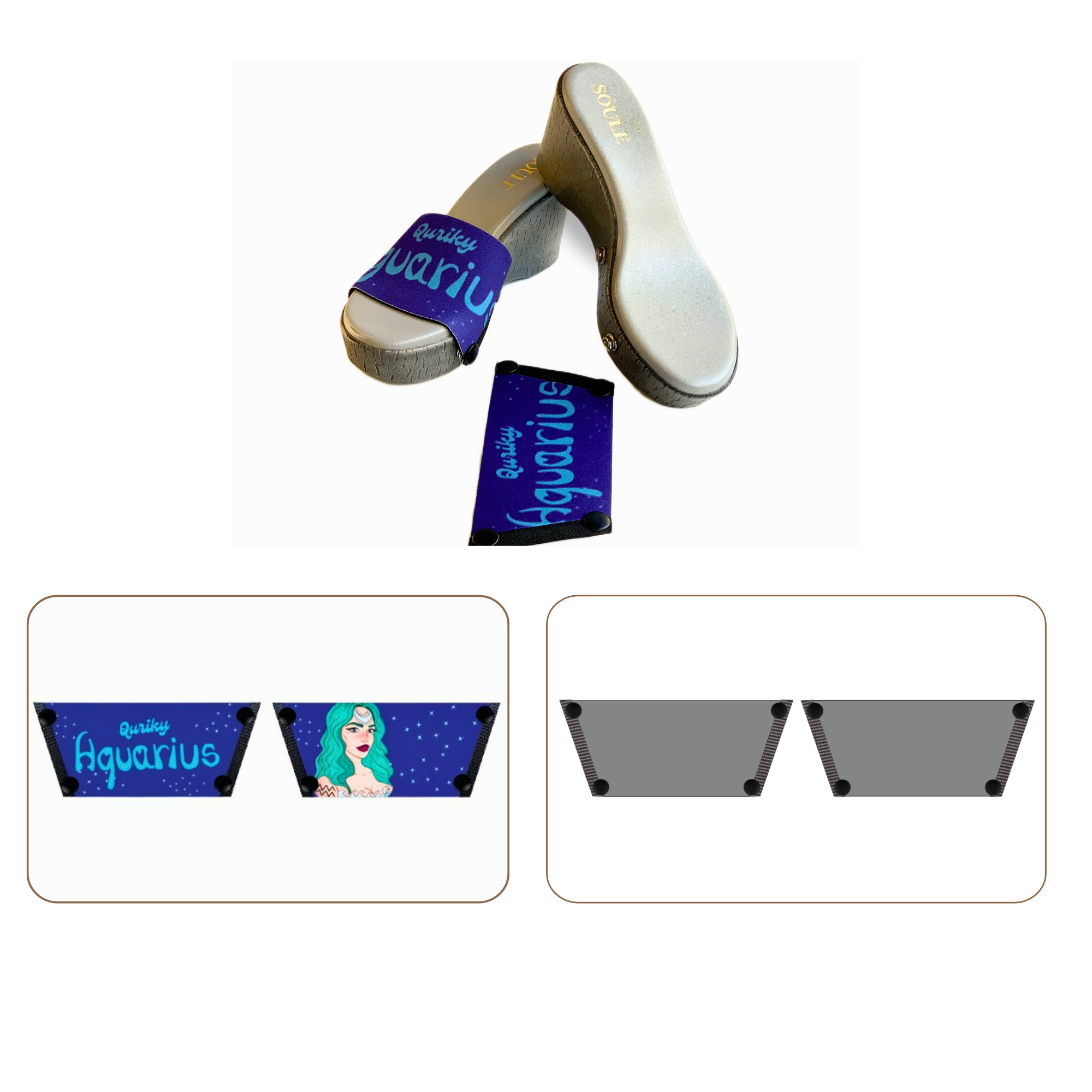 Soule wedge sandal combo — Quirky Aquarius and Slate Serenity straps with Grey Brush sole