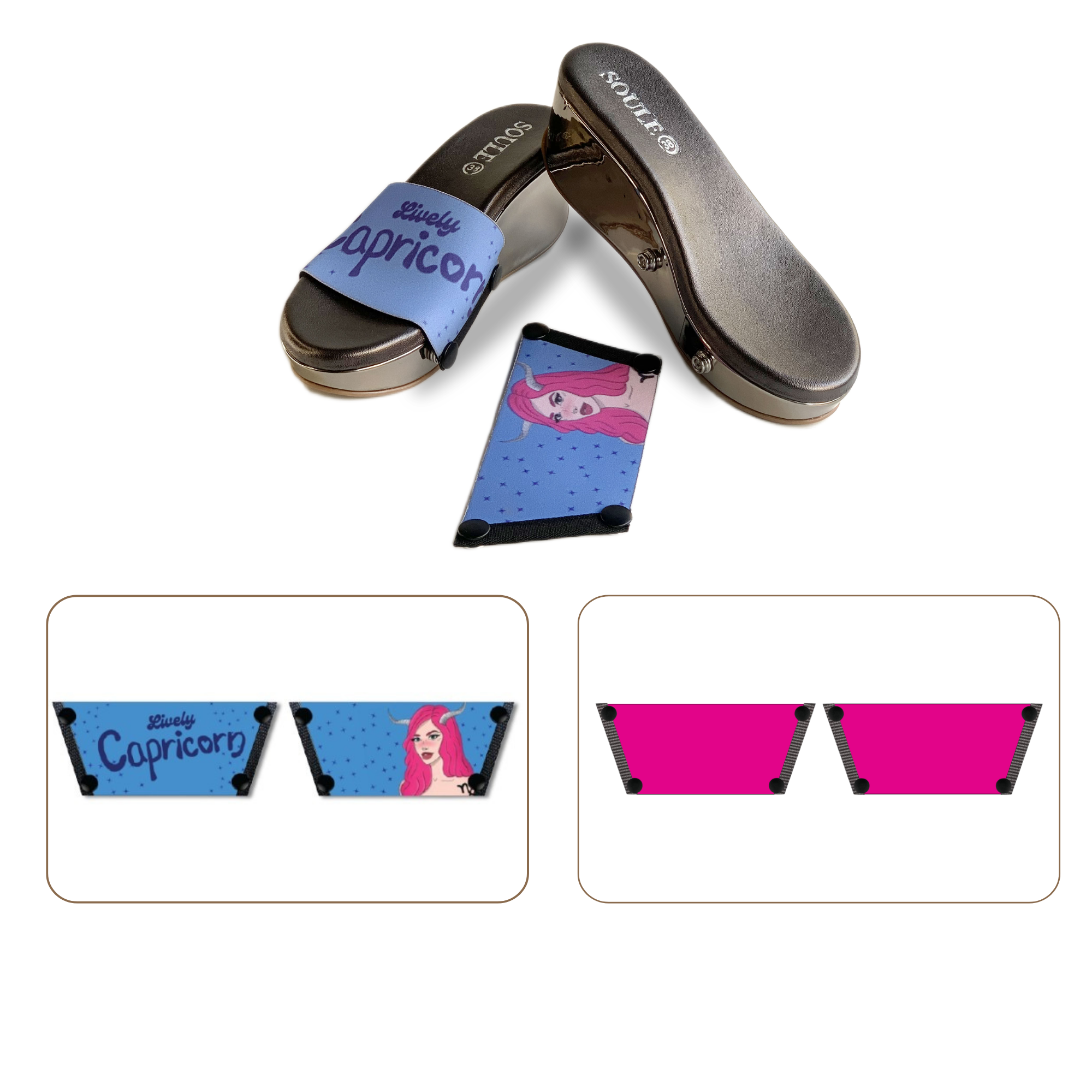 Soule wedge sandal combo — Lively Capricorn and Shocking Pink straps with Gun Metal sole