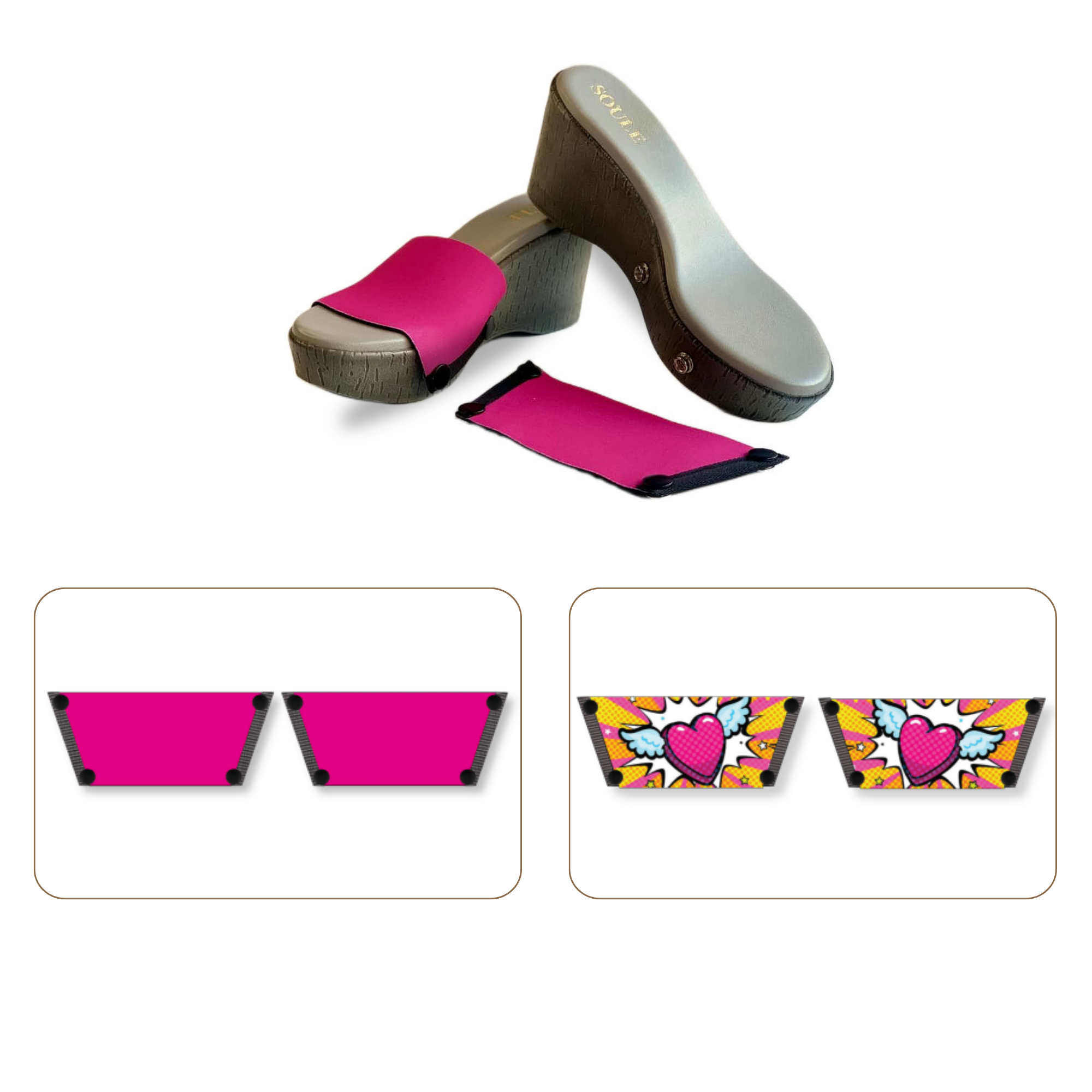 Soule cork wedge sandal combo — Heart Wings and Shocking Pink straps with Grey Brush sole