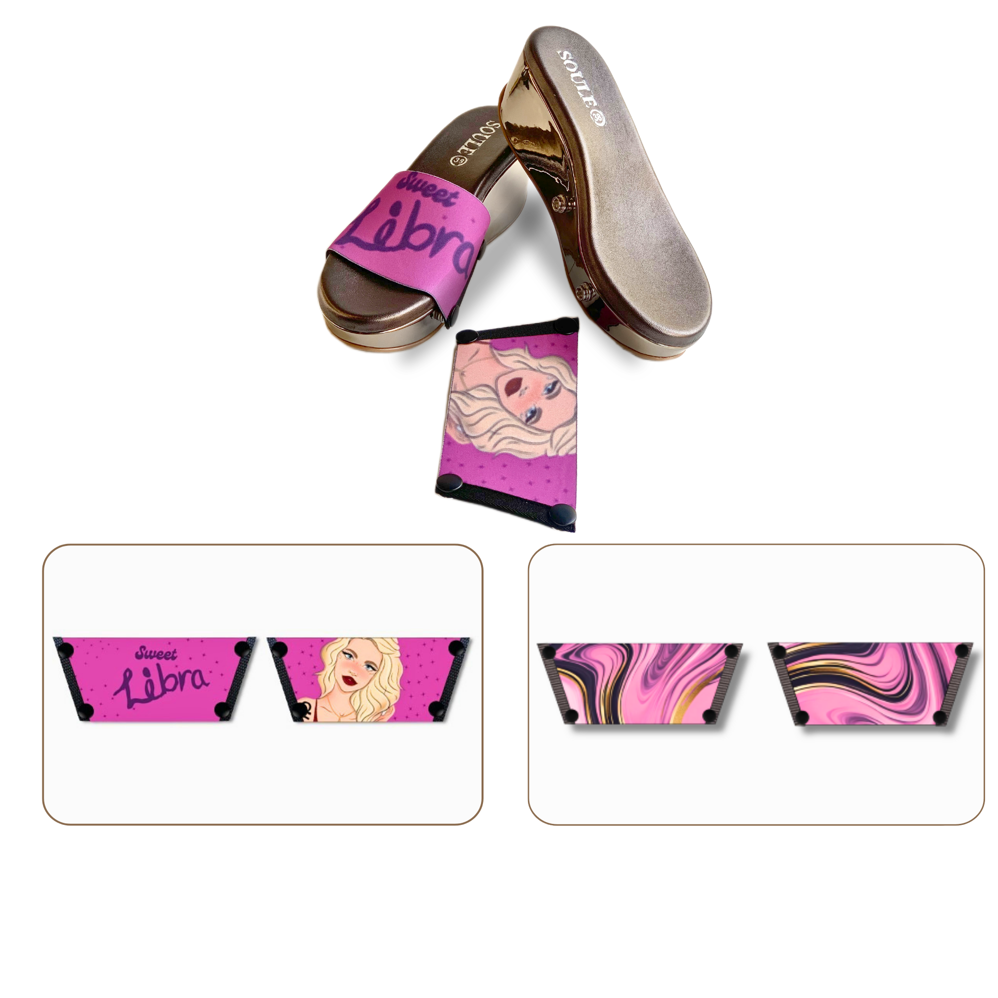 Soule wedge sandal combo — Sweet Libra and Pink Swirl Symphony straps with Gun Metal sole