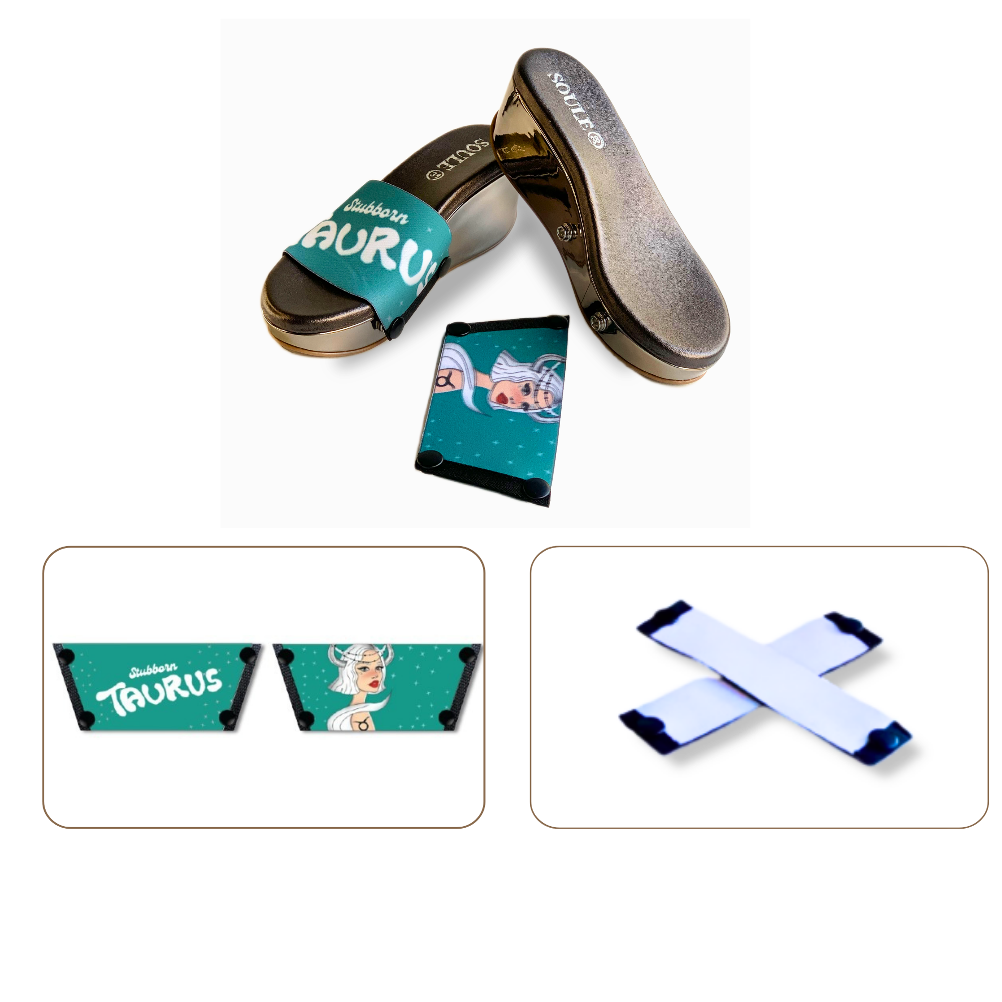 Soule wedge sandal combo — Stubborn Taurus and White Criss Cross straps with Gun Metal sole