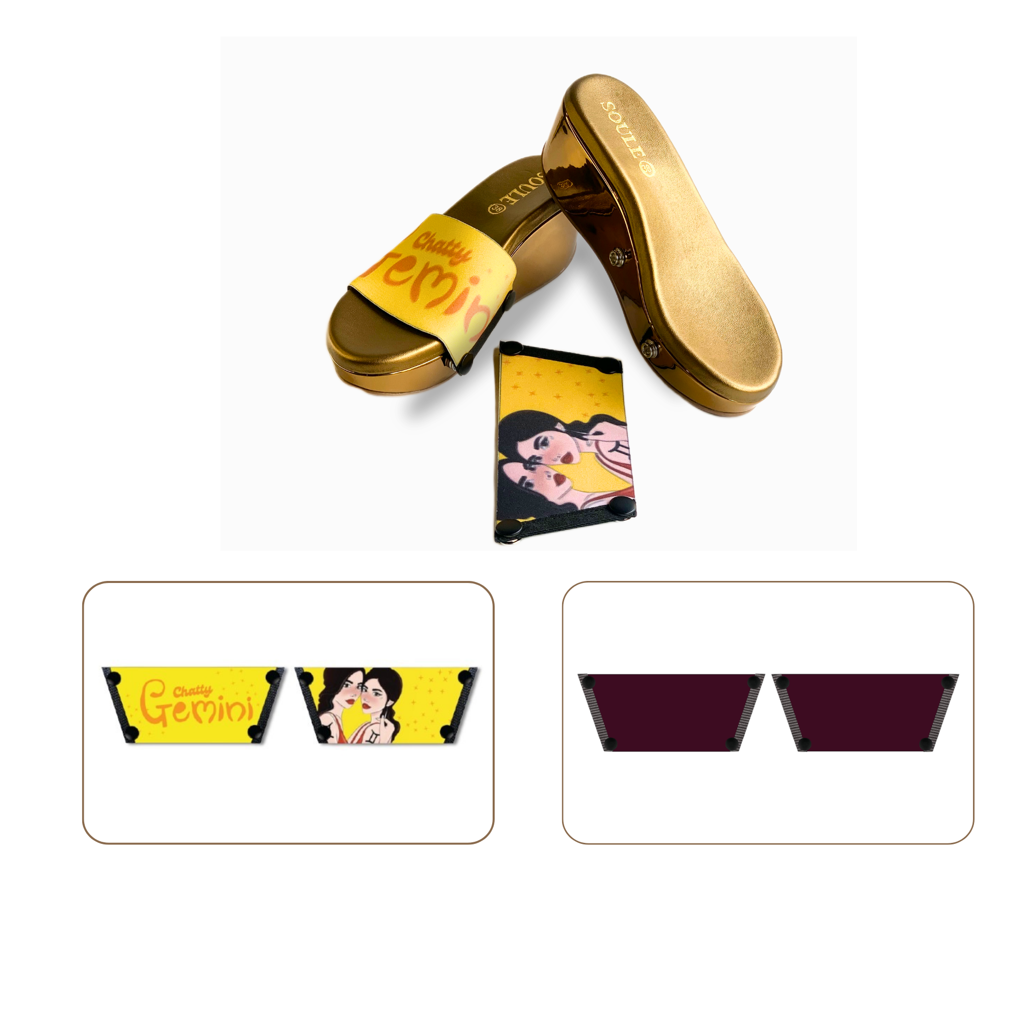 Soule wedge sandal combo — Chatty Gemini and Mocha straps with Metallic Muse sole