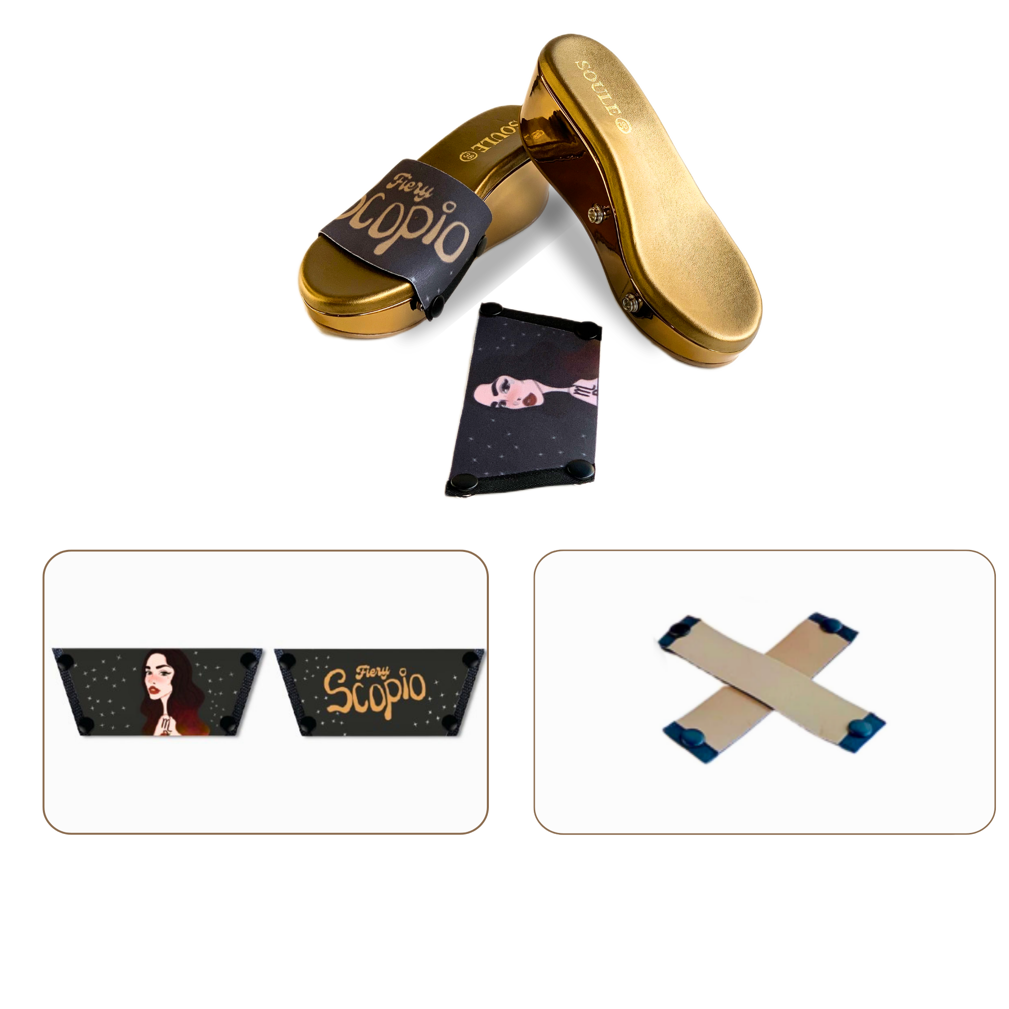 Soule wedge sandal combo — Fiery Scorpio and Beige Criss Cross straps with Metallic Muse sole