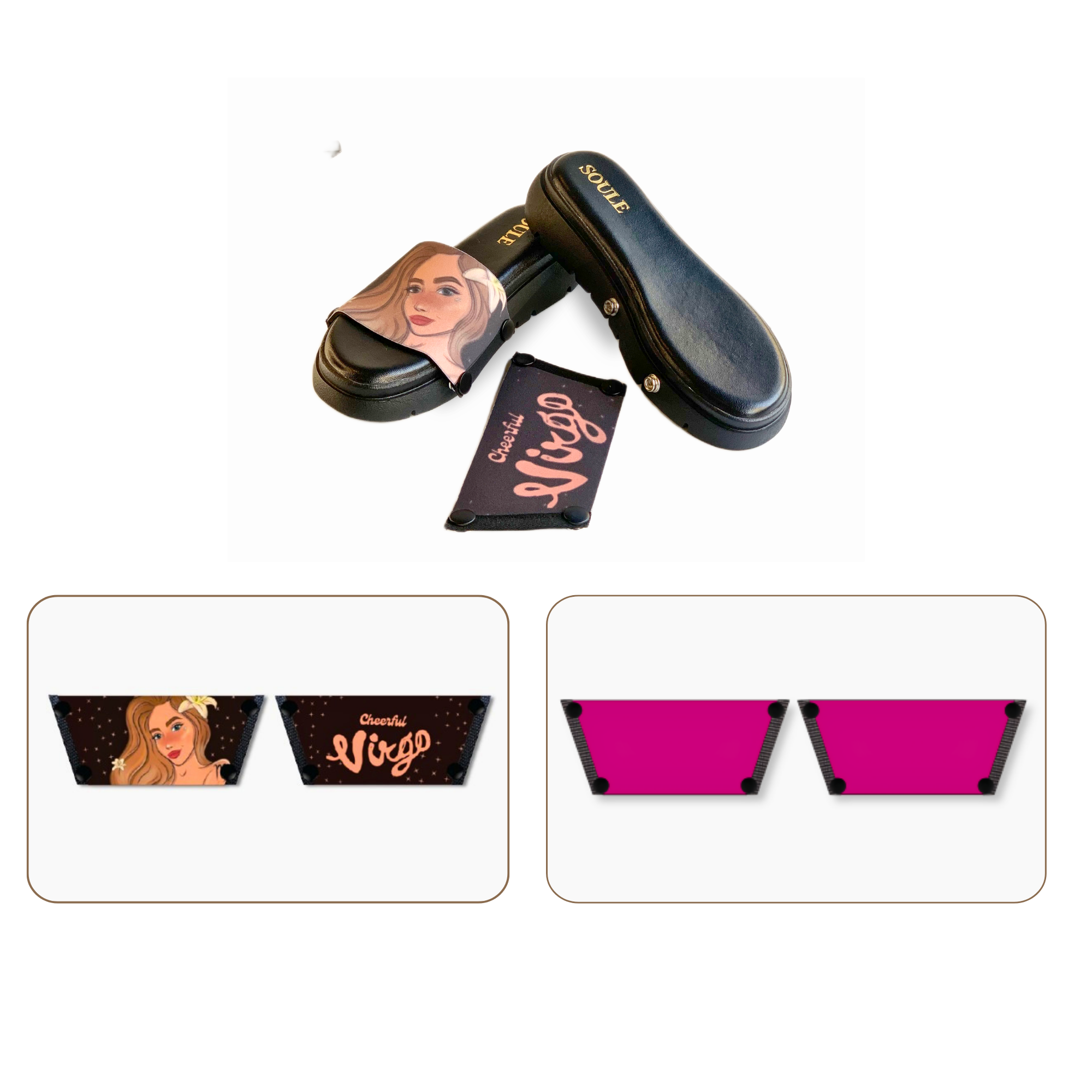 Soule wedge sandal combo — Cheerful Virgo and Shocking Pink straps with Twinkle Toes Black sole