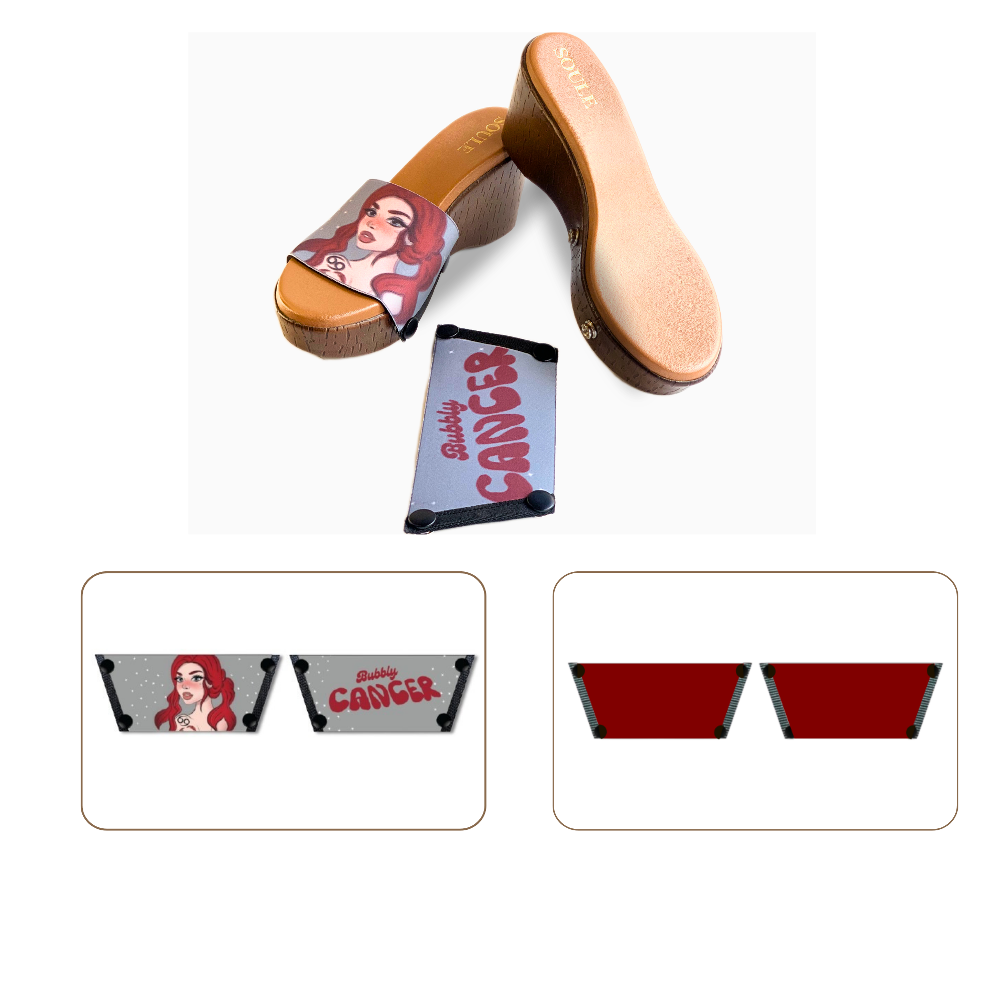Soule wedge sandal combo — Bubbly Cancer and Maroon straps with Brown Brush sole