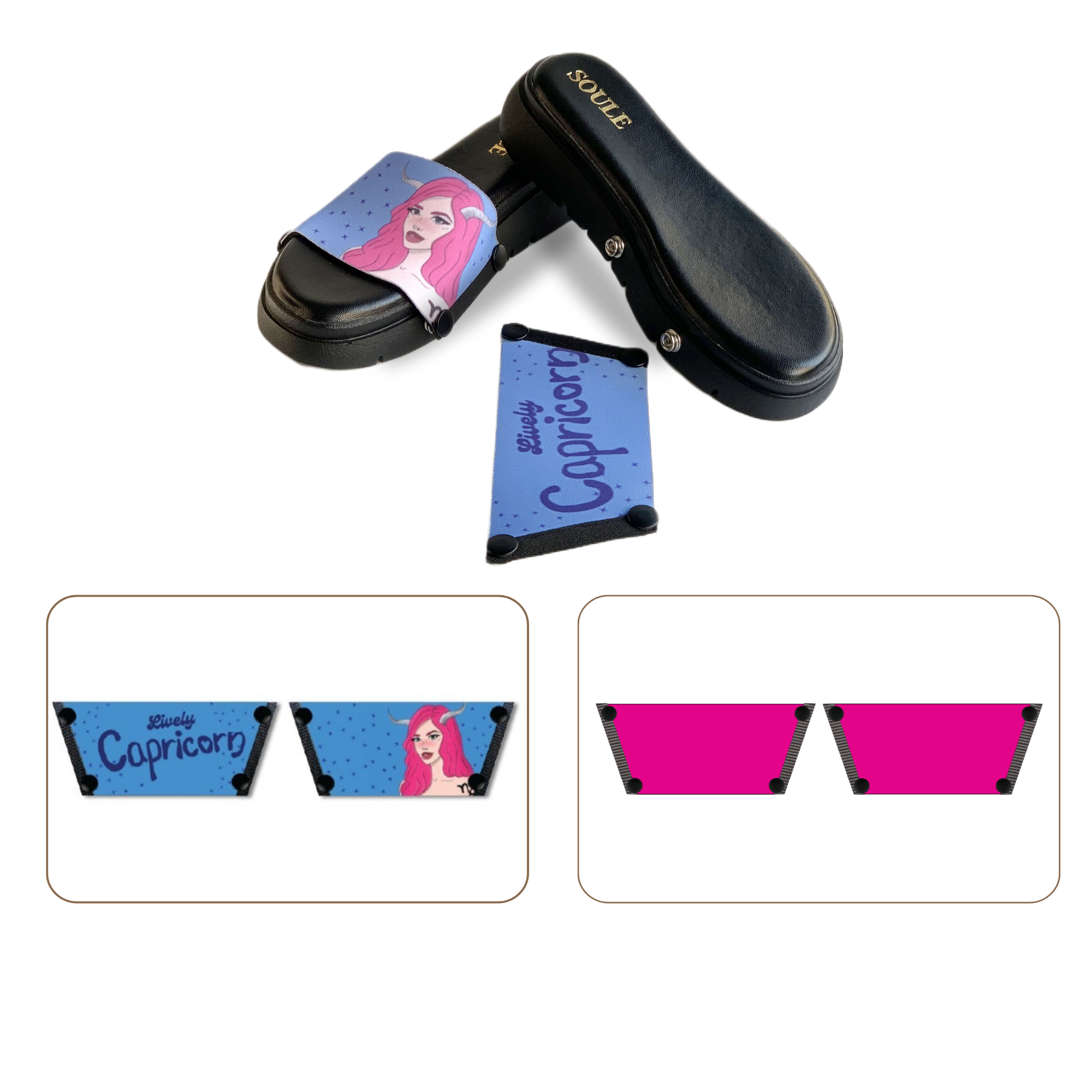 Soule  wedge sandal combo — Lively Capricorn and Shocking Pink straps with Twinkle Toes Black sole