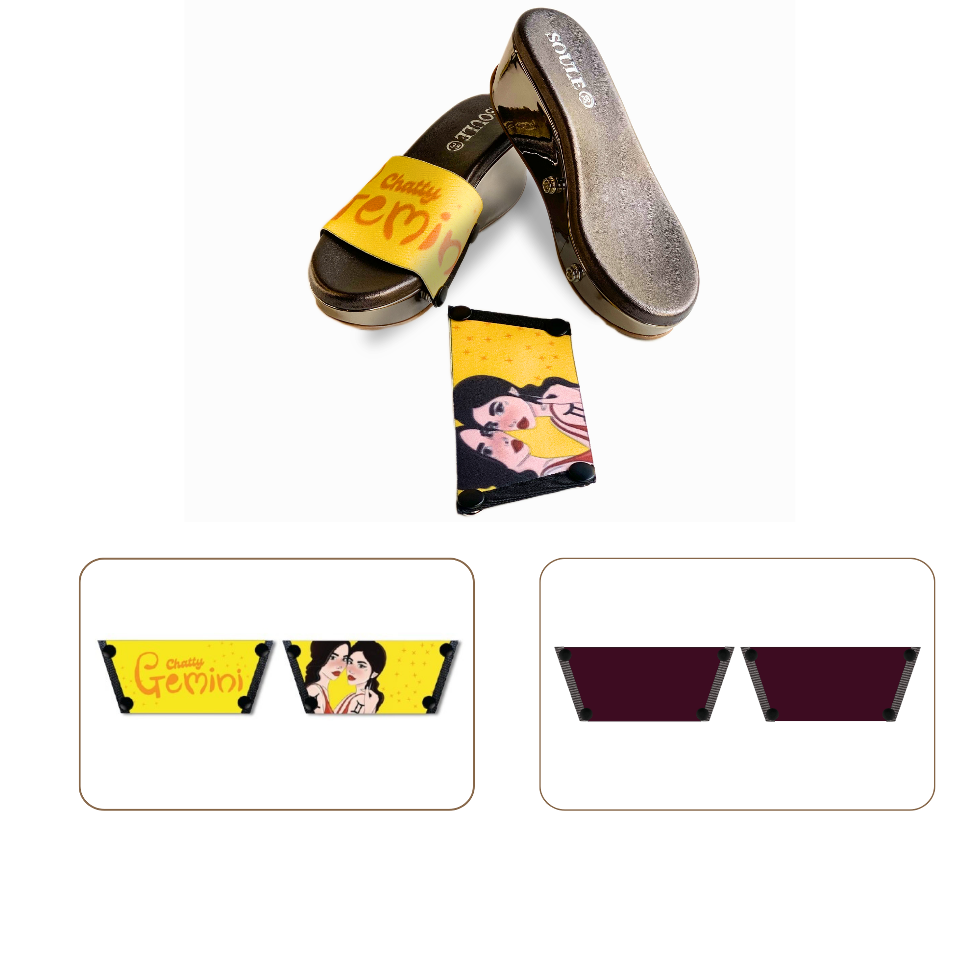 Soule wedge sandal combo — Chatty Gemini and Mocha straps with Gun Metal sole