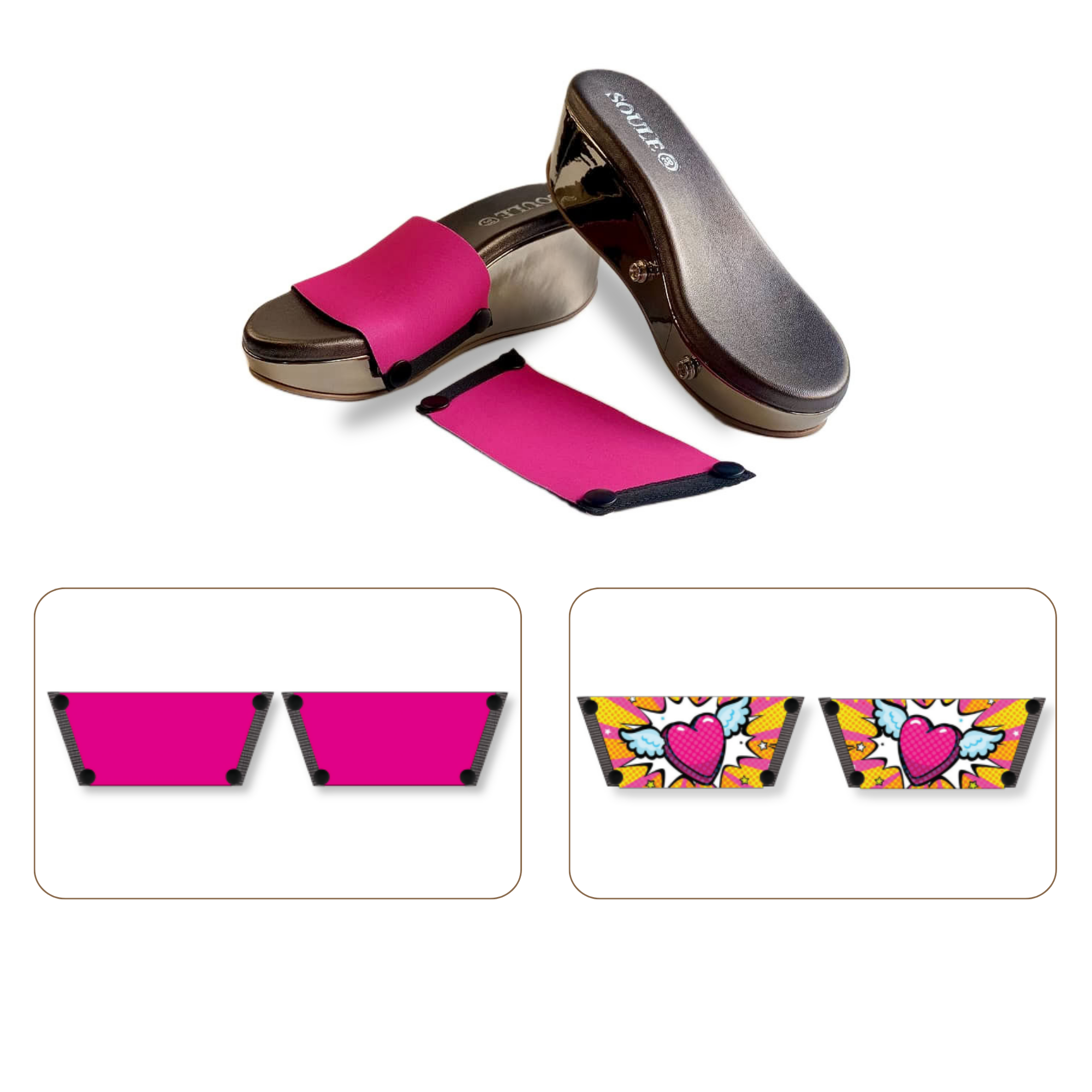 Soule cork wedge sandal combo — Heart Wings and Shocking Pink straps with Gun Metal sole