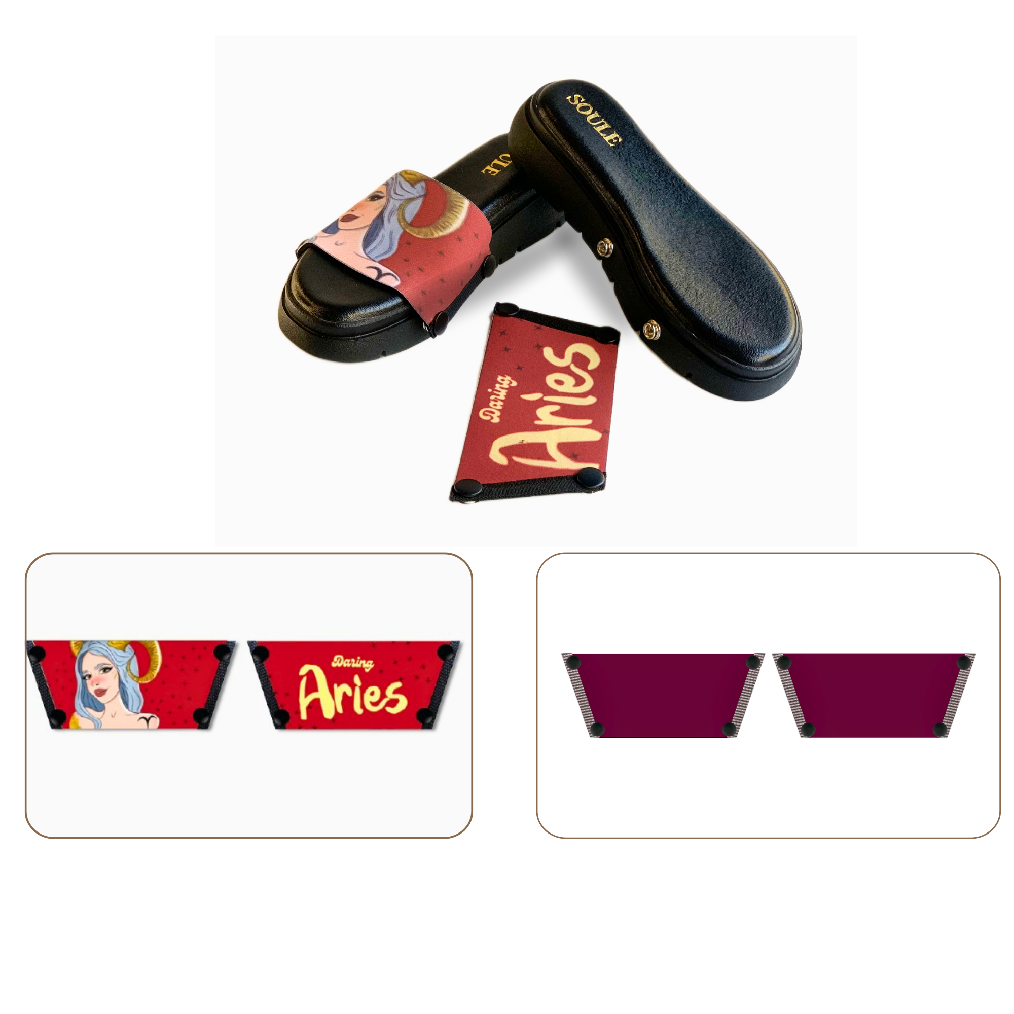 Soule wedge sandal combo — Daring Aries and Mocha Essence straps with Twinkle Toes Black sole