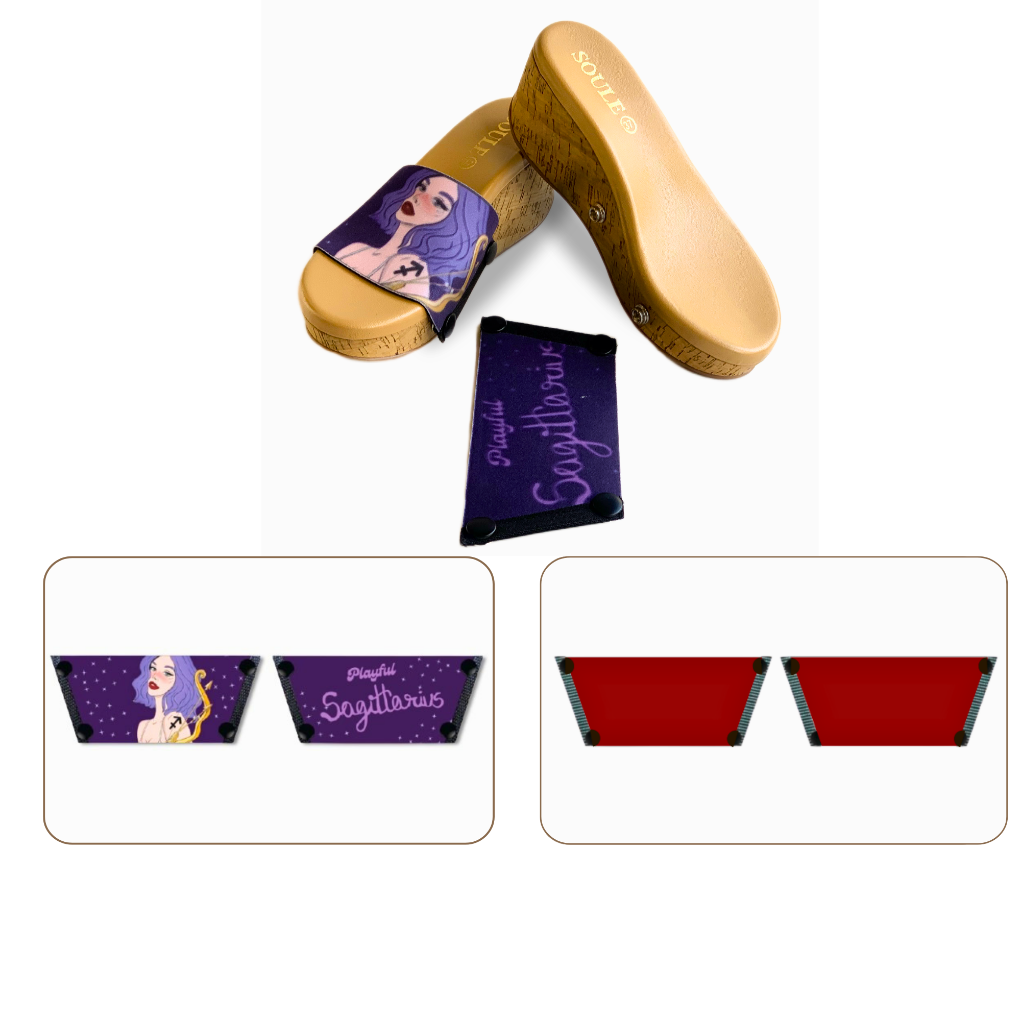 Soule  wedge sandal combo — Playful Sagittarius and Maroon straps with Sand Dune sole