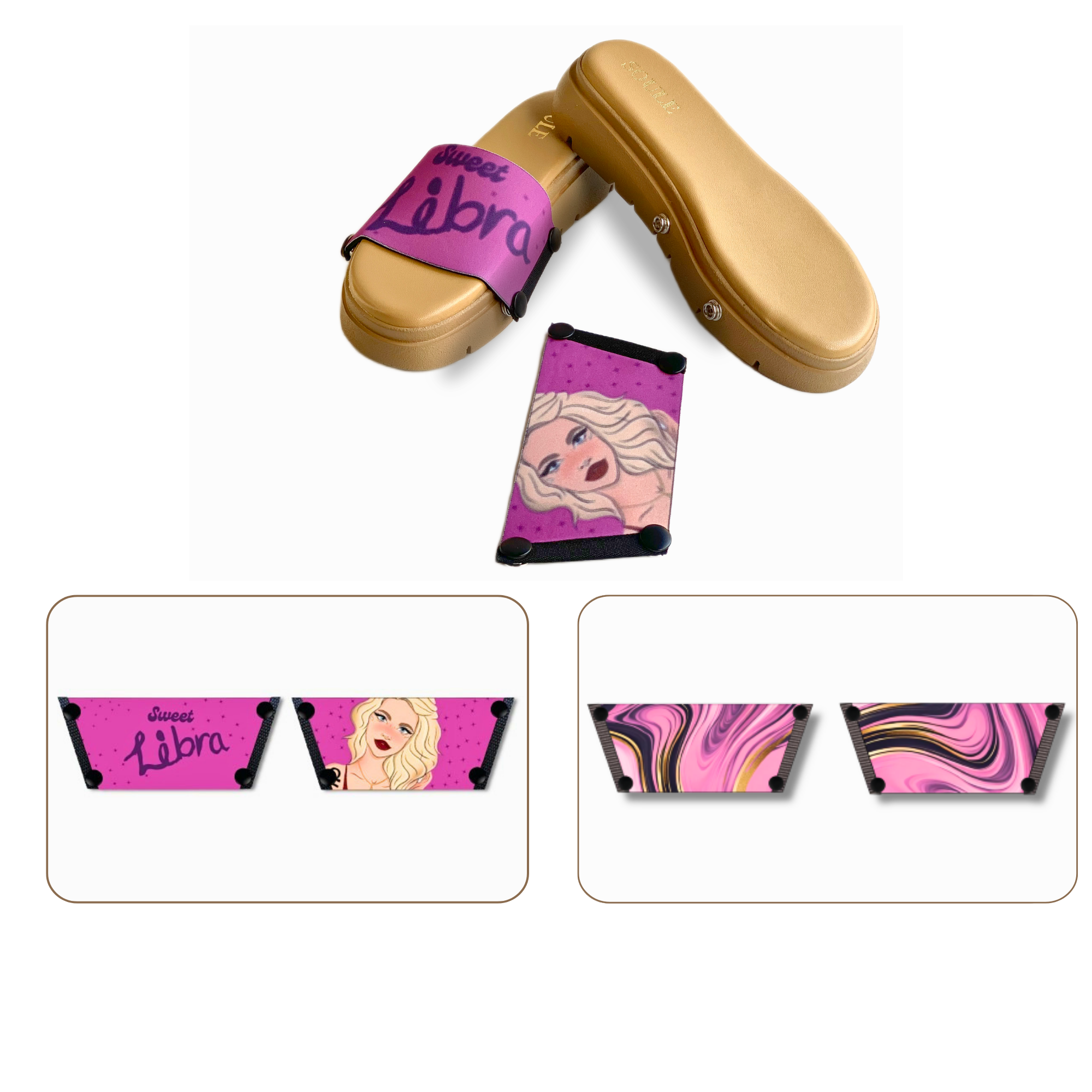 Soule  wedge sandal combo — Sweet Libra and Pink Swirl Symphony straps with Twinkle Toes Beige sole
