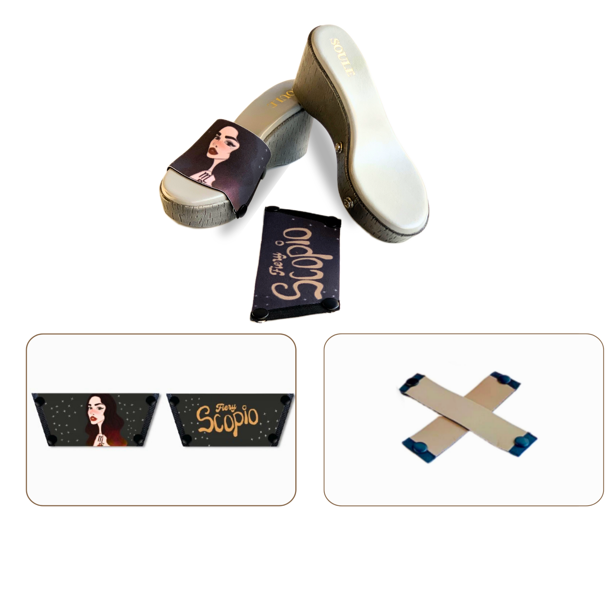 Soule wedge sandal combo — Fiery Scorpio and Beige Criss Cross straps with Grey Brush sole