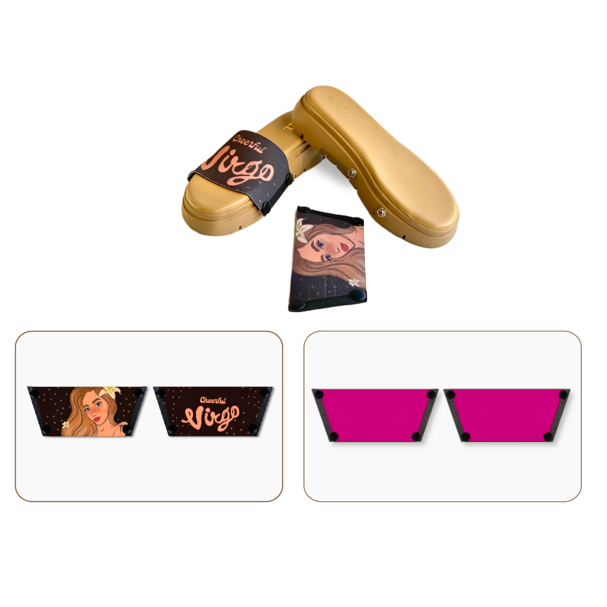 Soule wedge sandal combo — Cheerful Virgo and Shocking Pink straps with Twinkle Toes Beige sole