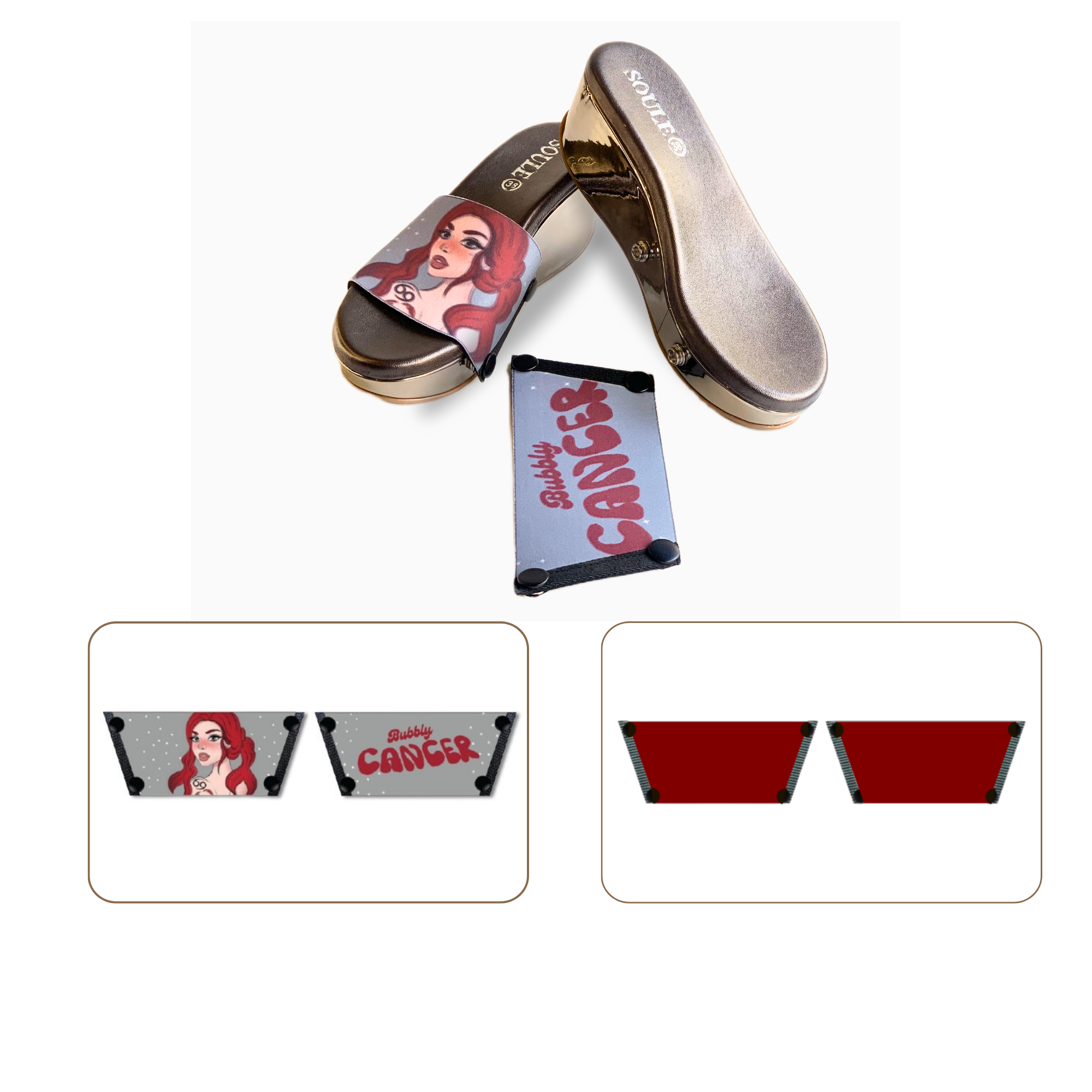 Soule wedge sandal combo — Bubbly Cancer and Maroon straps with Gun Metal sole