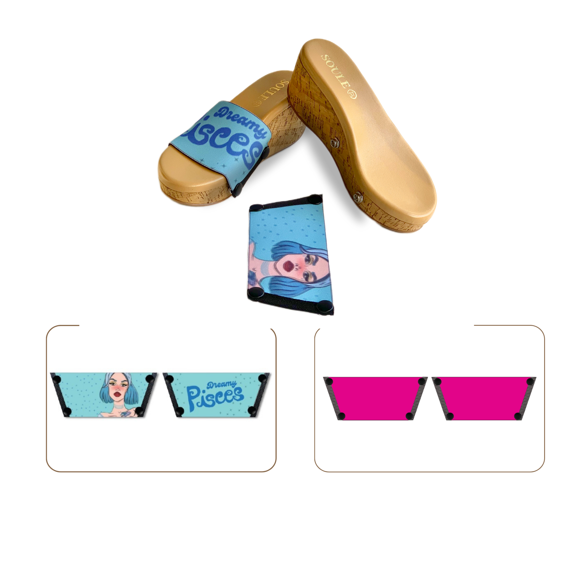 Soule wedge sandal combo — Dreamy Pisces and Shocking Pink straps with Sand Dune sole