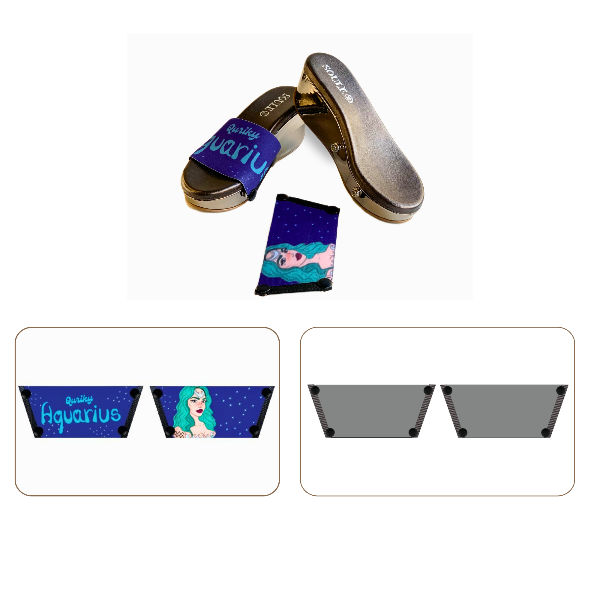 Soule wedge sandal combo — Quirky Aquarius and Slate Serenity straps with Gun Metal sole