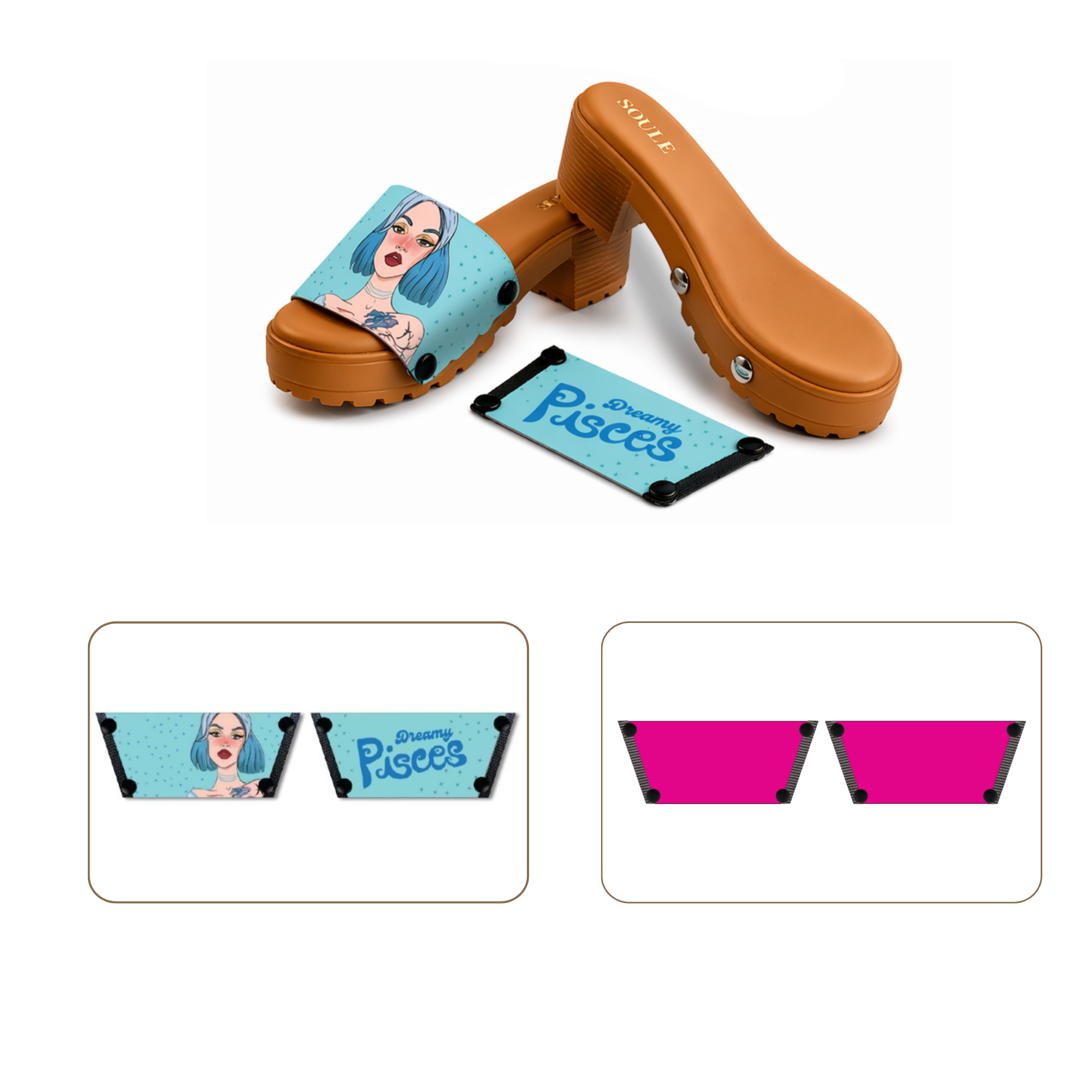 Soule wedge sandal combo — Dreamy Pisces and Shocking Pink straps with Beige Bliss sole