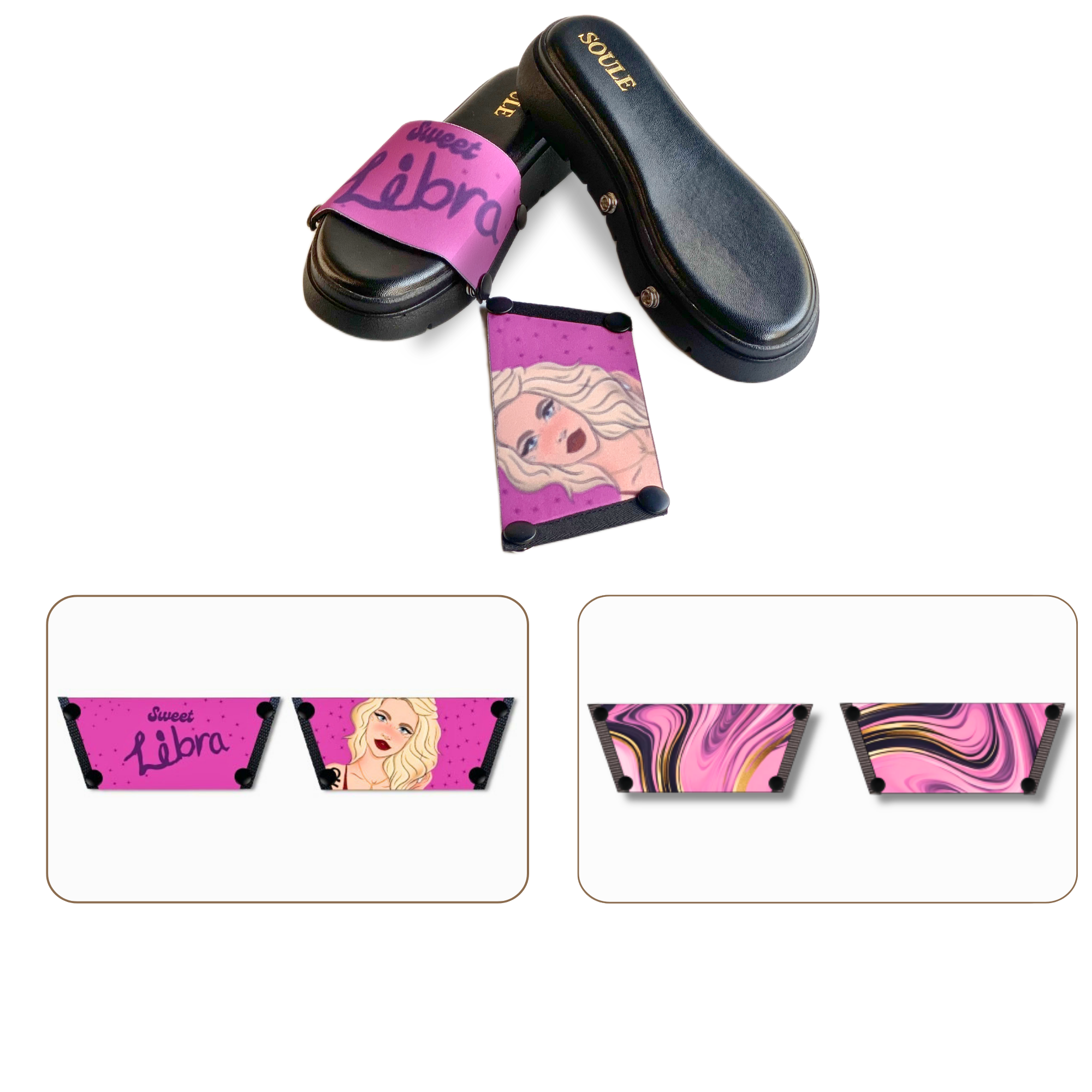 Soule wedge sandal combo — Sweet Libra and Pink Swirl Symphony straps with Twinkle Toes Black sole