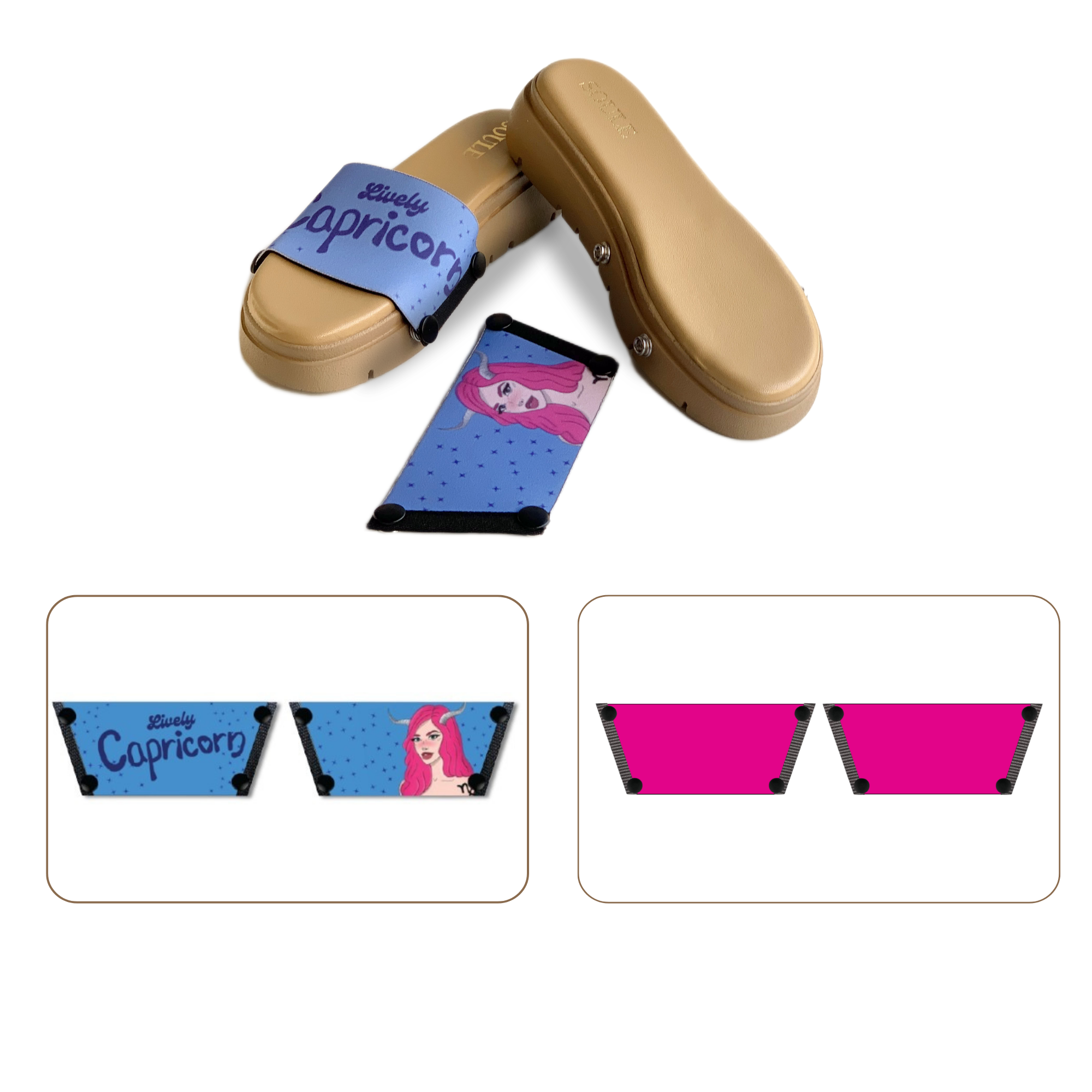 Soule wedge sandal combo — Lively Capricorn and Shocking Pink straps with Twinkle Toes Beige sole
