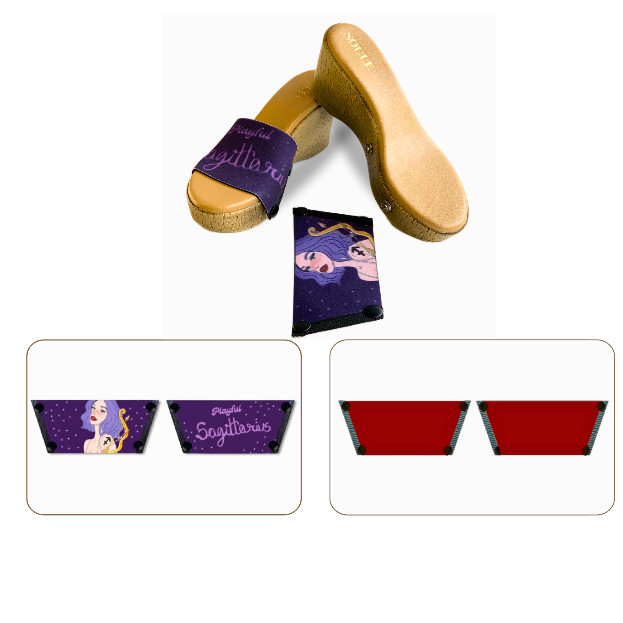 Soule wedge sandal combo — Playful Sagittarius and Maroon straps with Beige Brush sole