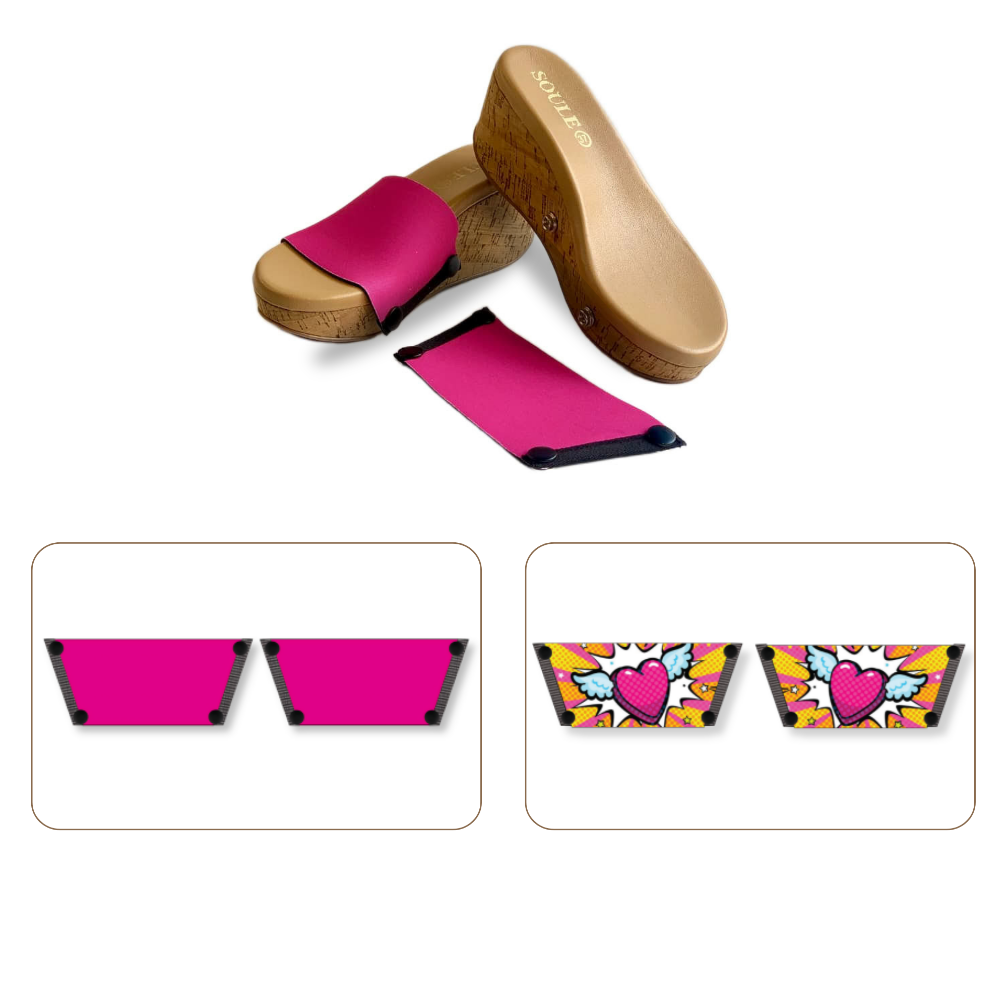 Soule cork wedge sandal combo — Heart Wings and Shocking Pink straps with Sand Dune sole