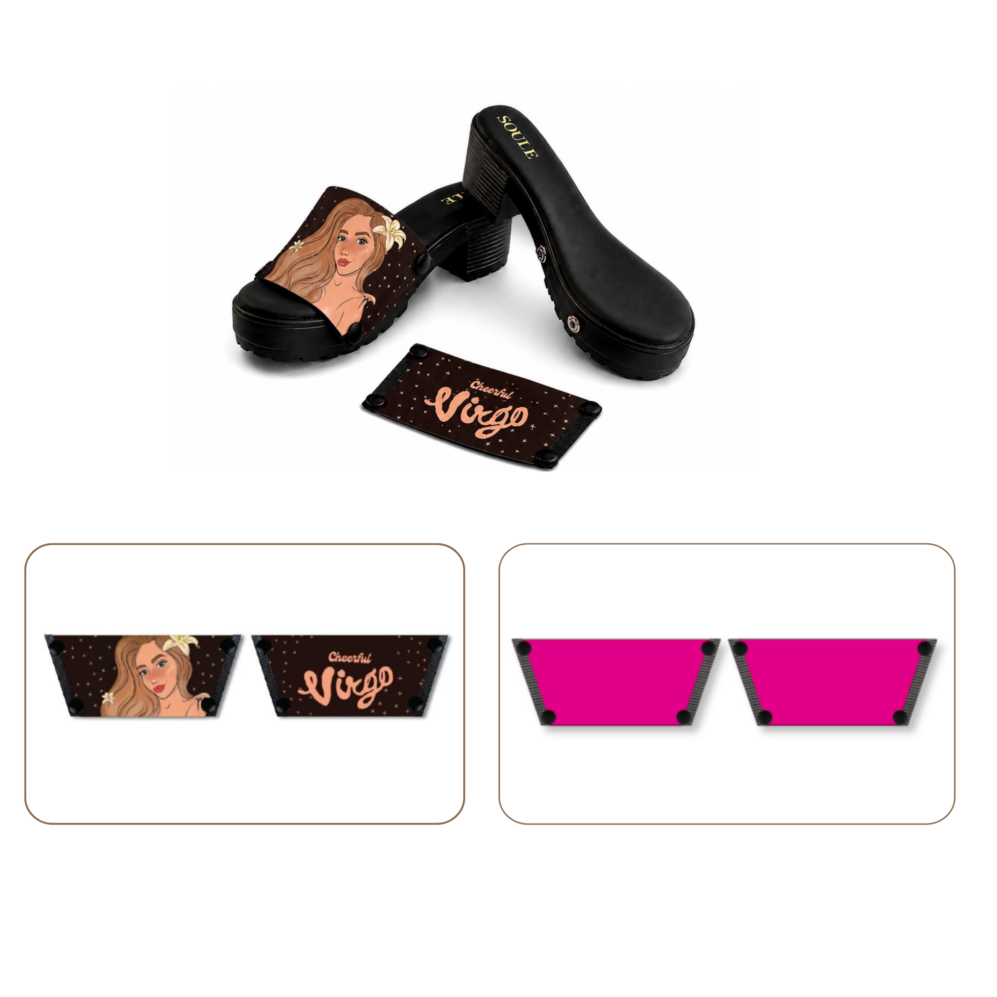 Soule wedge sandal combo — Cheerful Virgo and Shocking Pink straps with Black Bliss sole