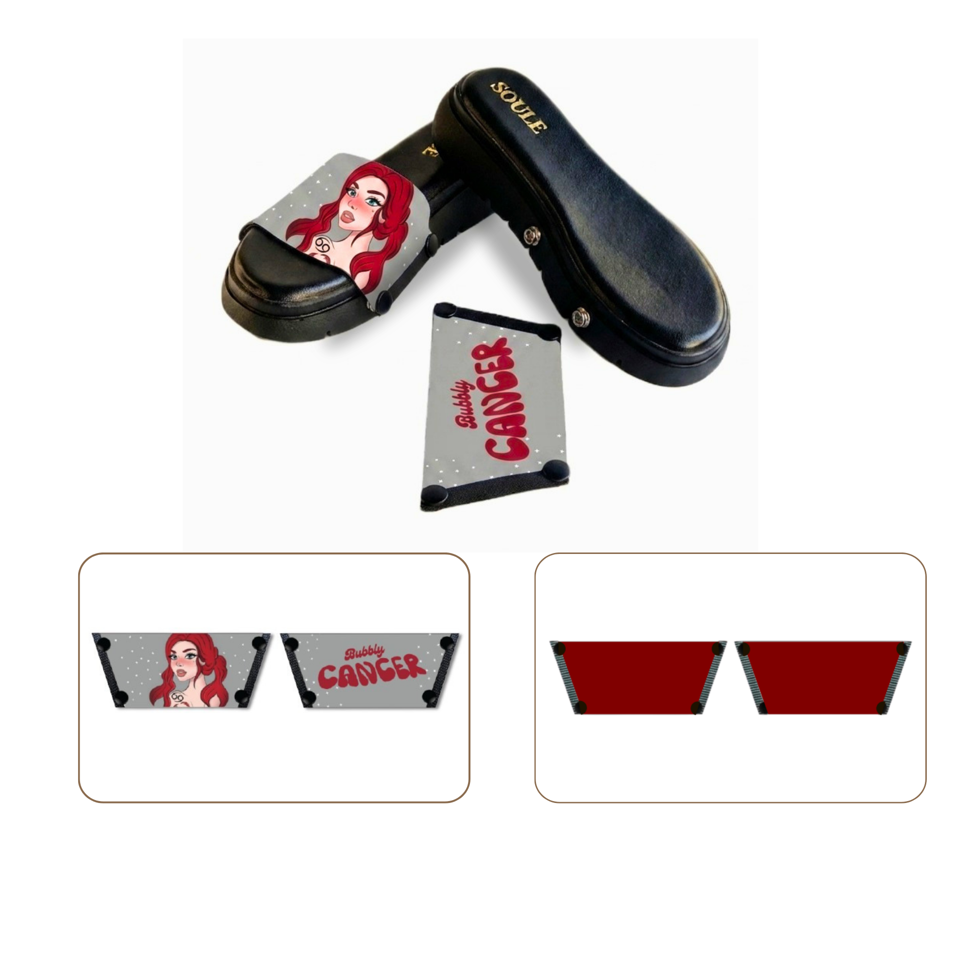 Soule wedge sandal combo — Bubbly Cancer and Maroon straps with Twinkle Toes Black sole