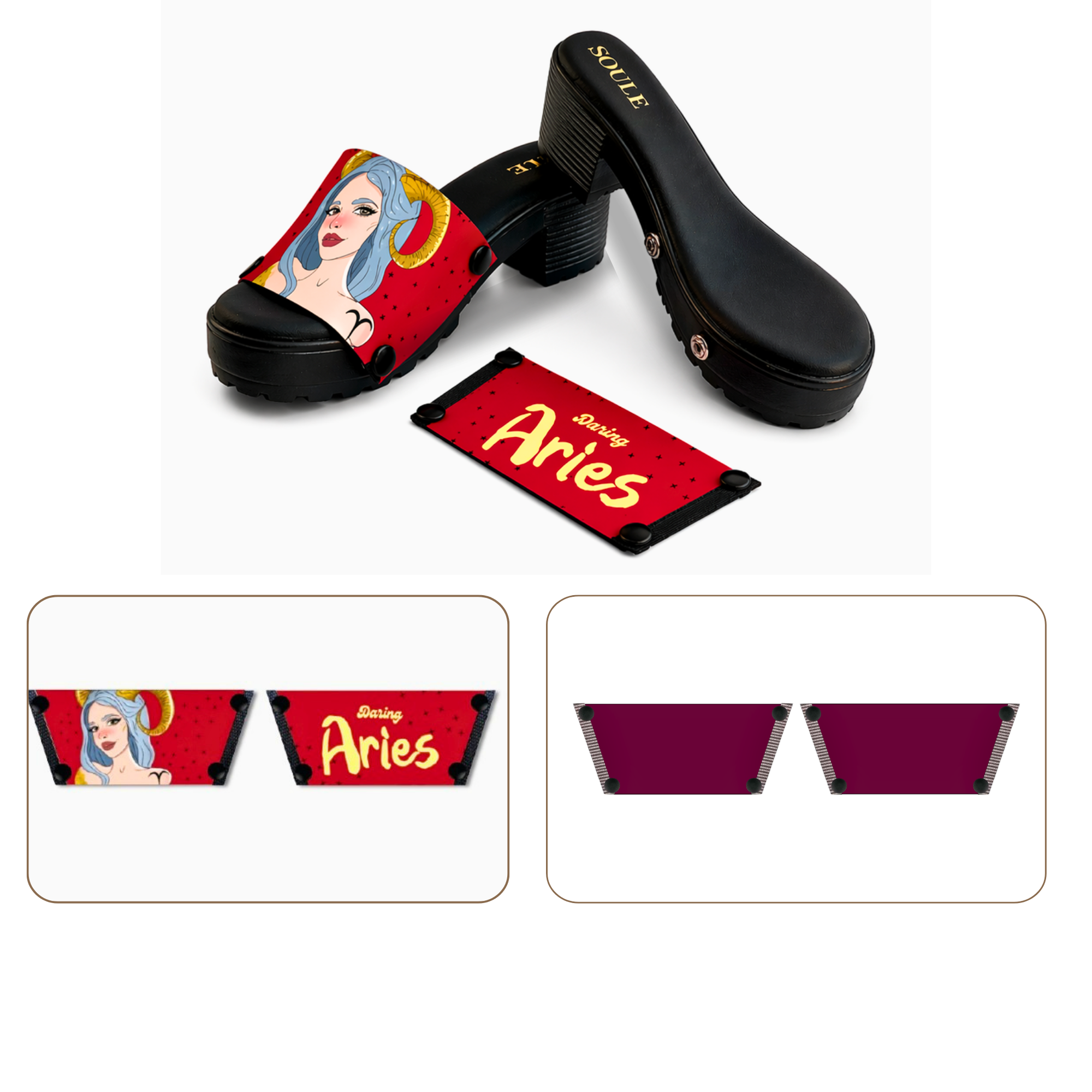Soule wedge sandal combo — Daring Aries and Mocha Essence straps with Black Bliss sole