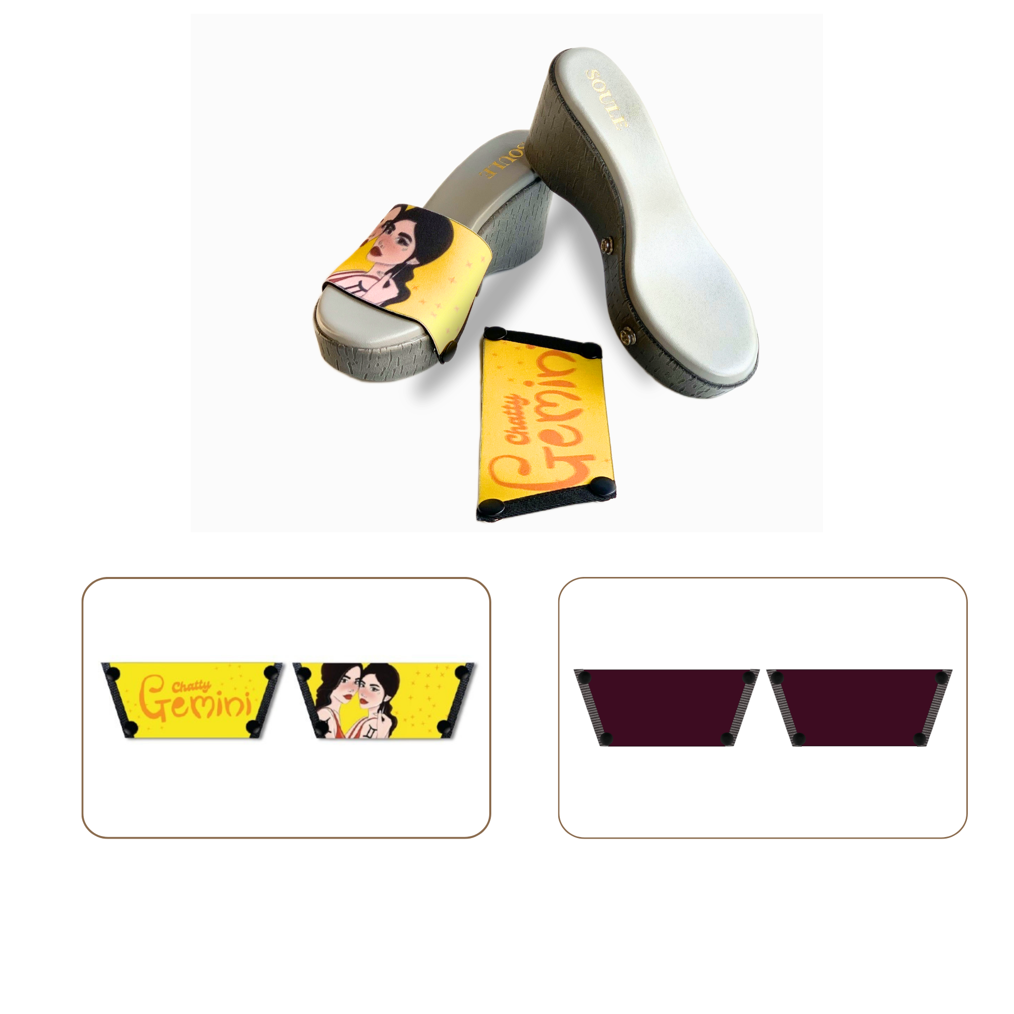 Soule wedge sandal combo — Chatty Gemini and Mocha straps with Grey Brush sole