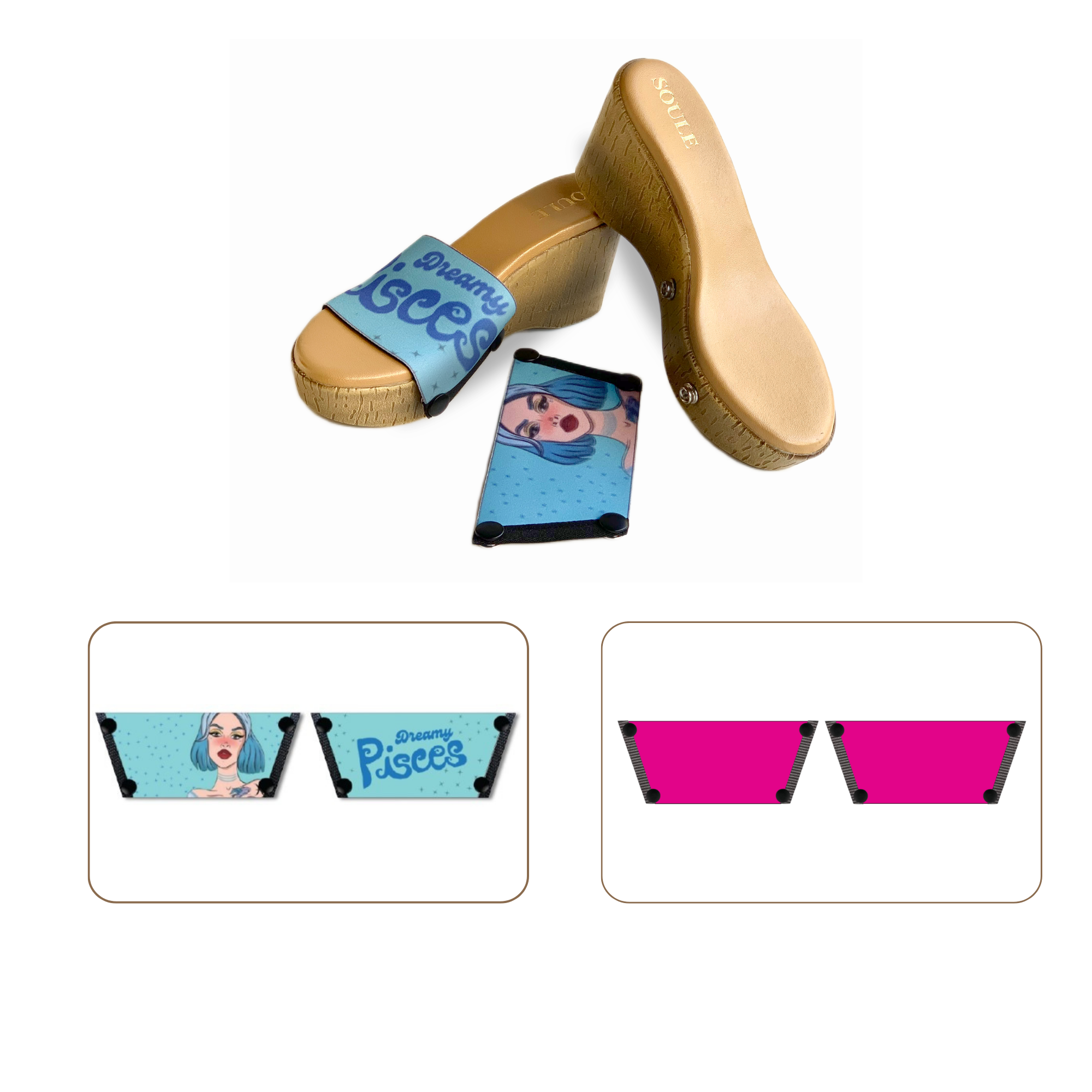 Soule wedge sandal combo — Dreamy Pisces and Shocking Pink straps with Beige Brush sole