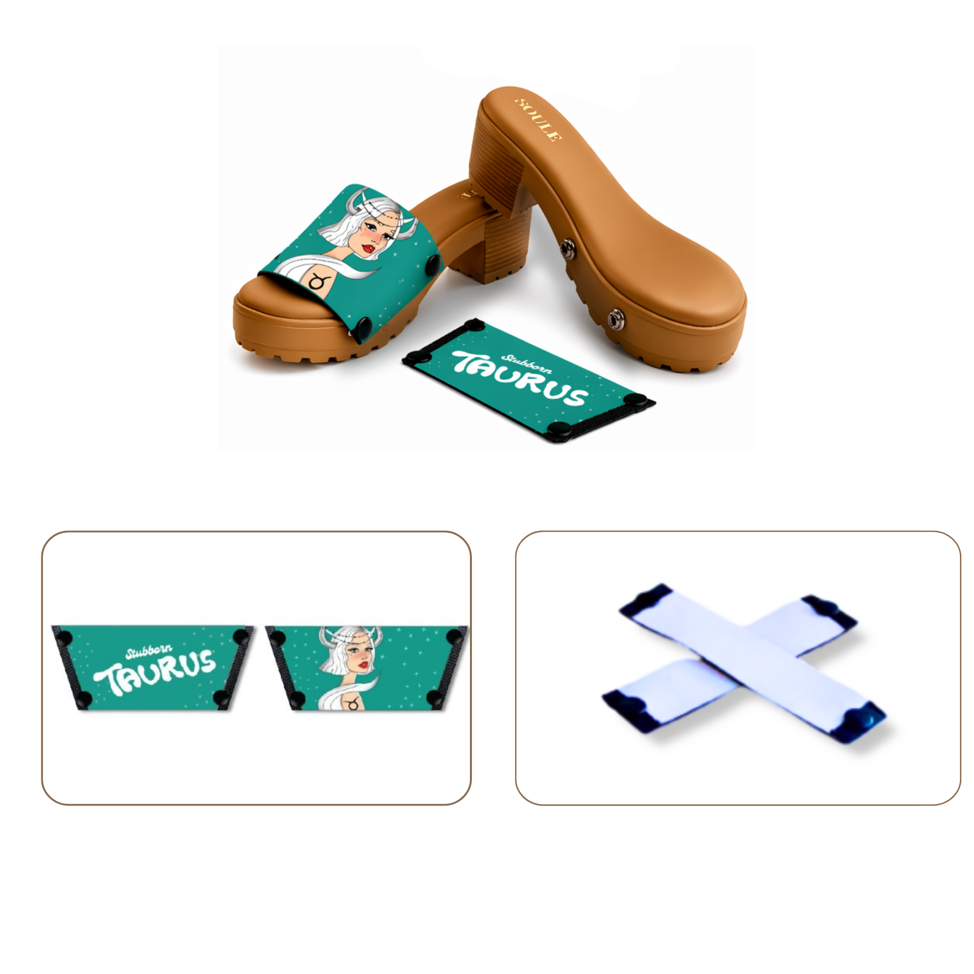 Soule wedge sandal combo — Stubborn Taurus and White Criss Cross straps with Beige Bliss sole