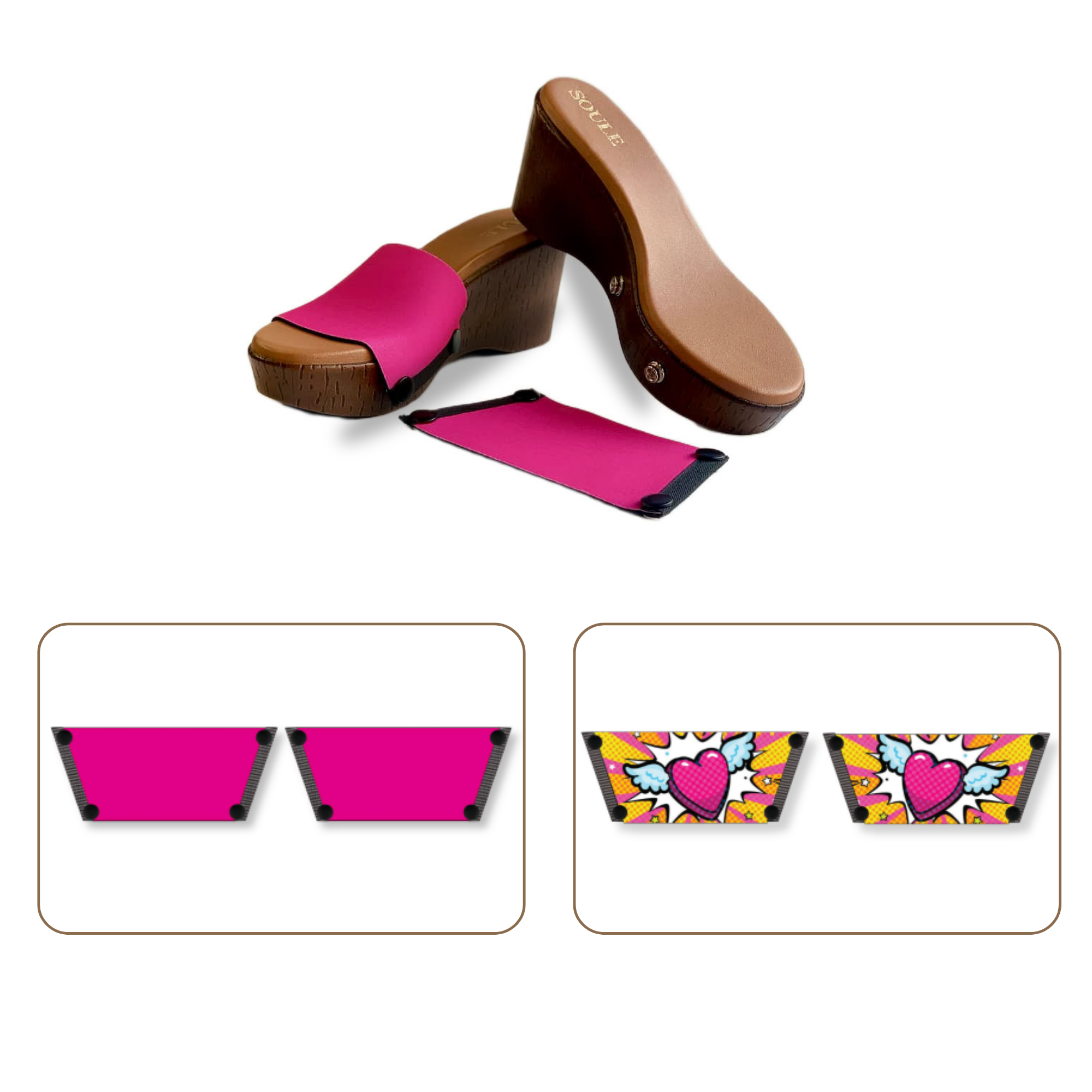 Soule cork wedge sandal combo — Heart Wings and Shocking Pink straps with Brown Brush sole