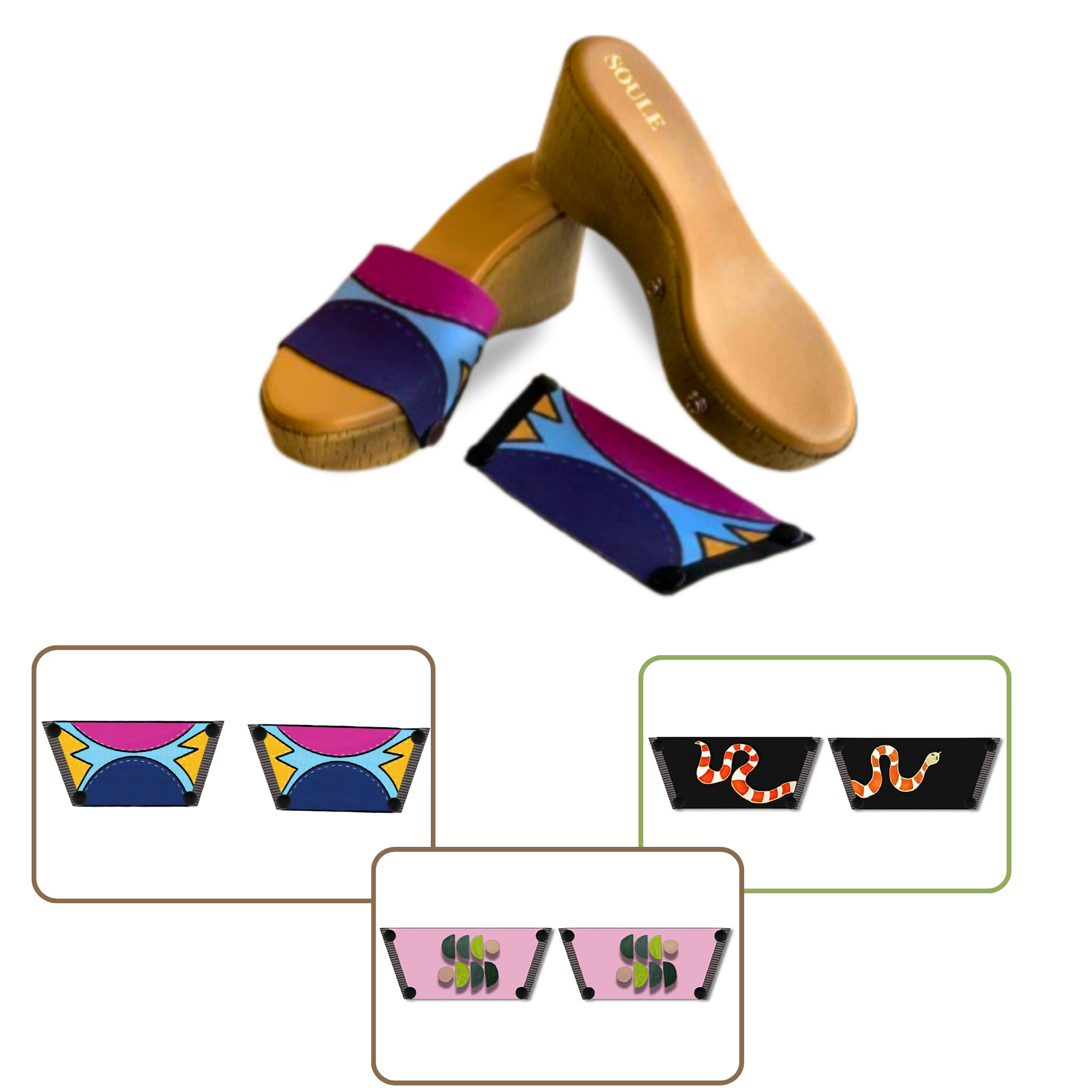 Cosmic Burst + Snake Charm + Serene 1 sole 3 straps interchangeable sandals combo, UK 3-8 — Soule