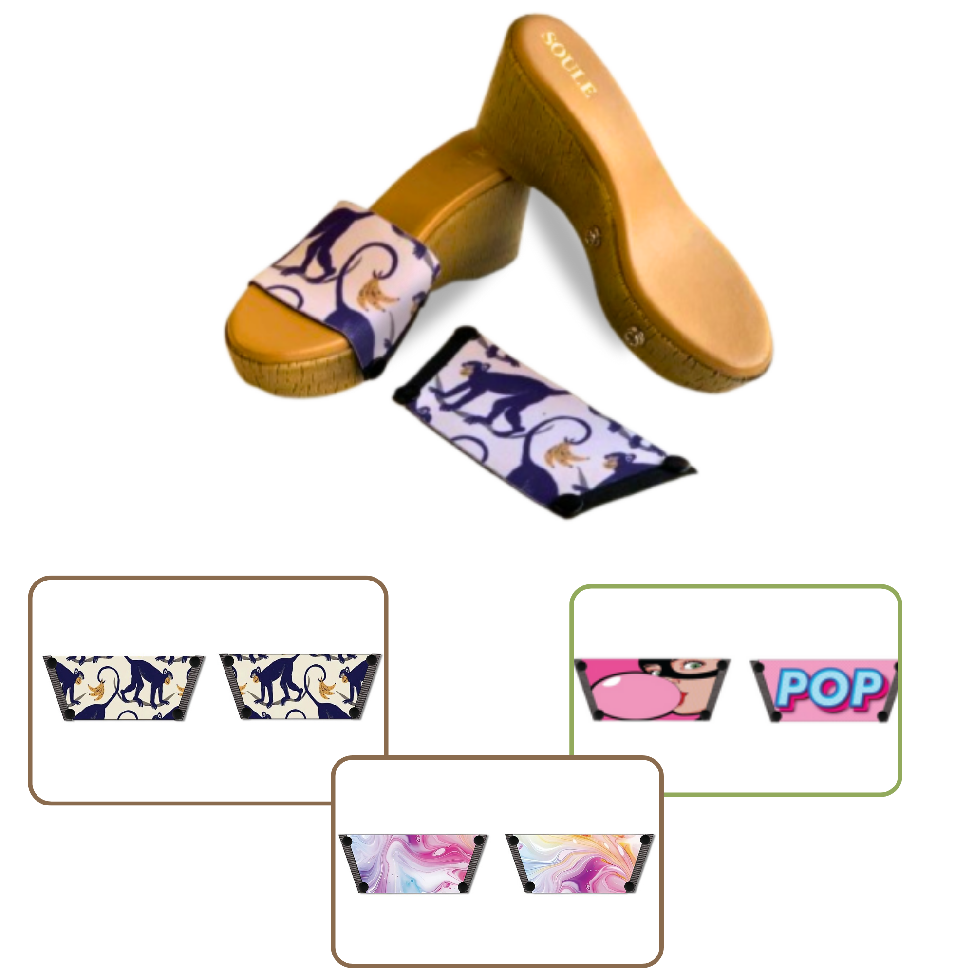 Enchanting Fluid + Zigzag Zest + Earthy Modern Art 1 sole 3 straps interchangeable sandals combo, UK 3-8 — Soule