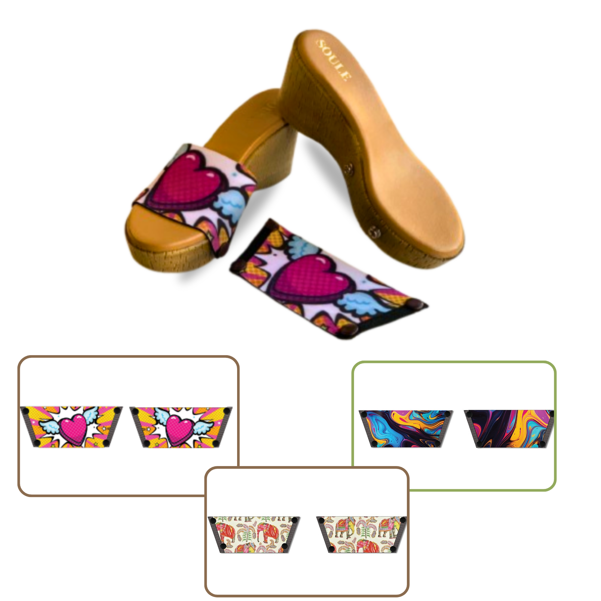 Heart Wings + Ethnic Elephant + Fluid Art 1 sole 3 straps interchangeable sandals combo, UK 3-8 — Soule