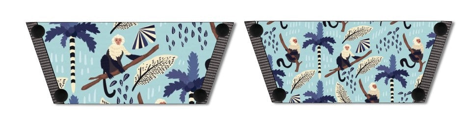 Jungle Capuchin snap-on shoe strap set close-up - white-faced capuchin monkeys on powder blue tropical jungle print by Soule