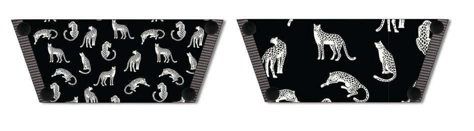 Cheetah Noir snap-on shoe strap set close-up  - dense and editorial white cheetah print on jet black by Soule