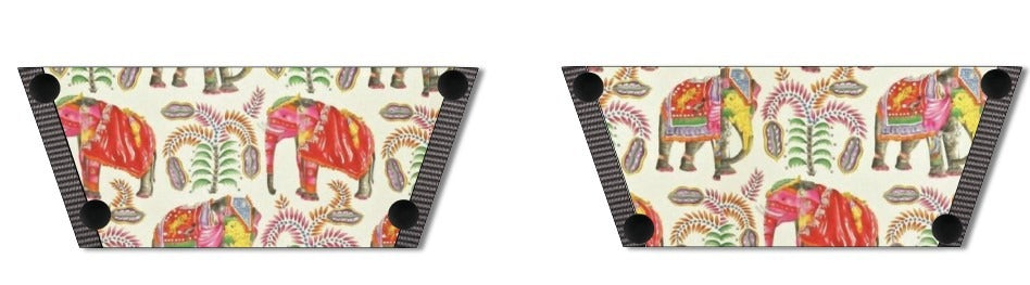 Elephant Parade snap-on shoe strap set close-up - Rajasthani block print red and pink ceremonial elephants on cream by Soule