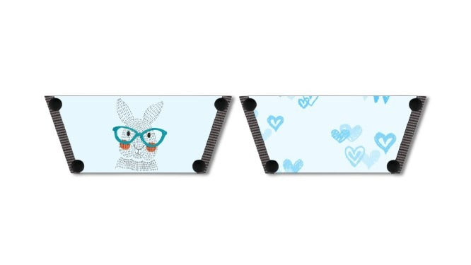 Bunny Hearts snap-on shoe strap set close-up - zentangle bunny in teal glasses and watercolour blue hearts on soft ice blue by Soule