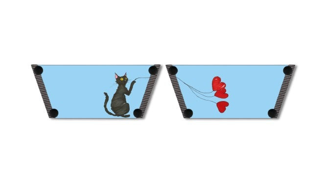 Party Cat snap-on shoe strap set close-up  - illustrated dark cat in pink party hat and red heart balloons on sky blue by Soule
