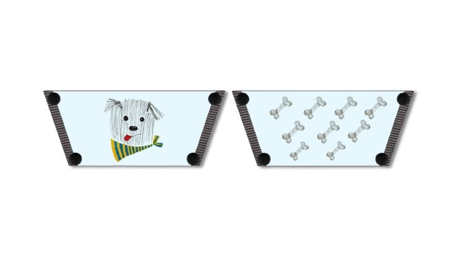 Scruffy & Bones snap-on shoe strap set close-up  - hand-drawn scruffy dog in yellow-green scarf and dog bones on powder blue by Soule