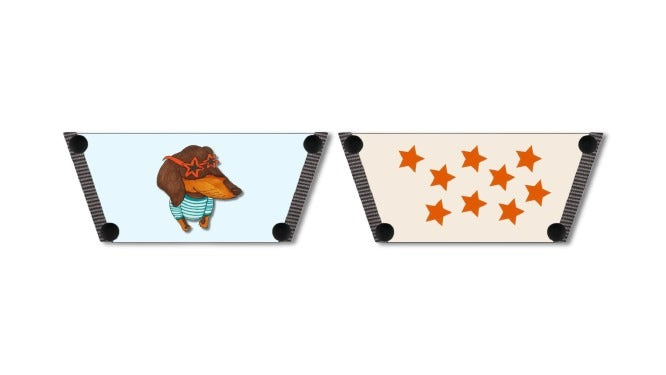 Dachshund Star snap-on shoe strap set close-up - illustrated dachshund in star sunglasses on sky blue and orange stars on cream by Soule