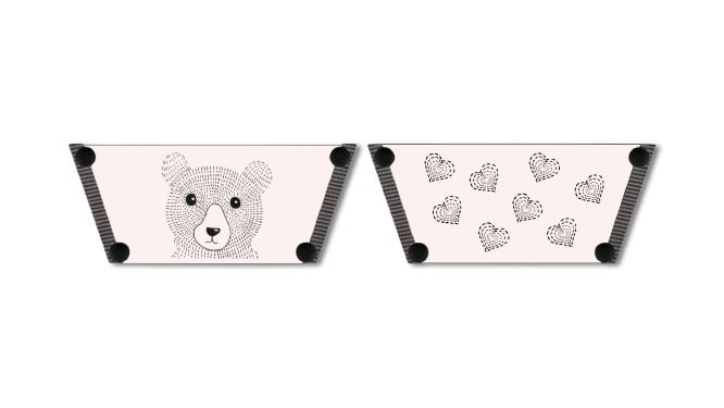 Bear Heart snap-on shoe strap set close-up  - zentangle dotwork bear face and heart outlines on soft blush by Soule