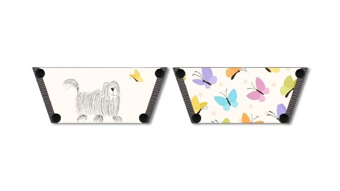 Fluffy & Flutter snap-on shoe strap set close-up - pencil-sketch fluffy dog with butterfly on cream and pastel butterflies on cream by Soule
